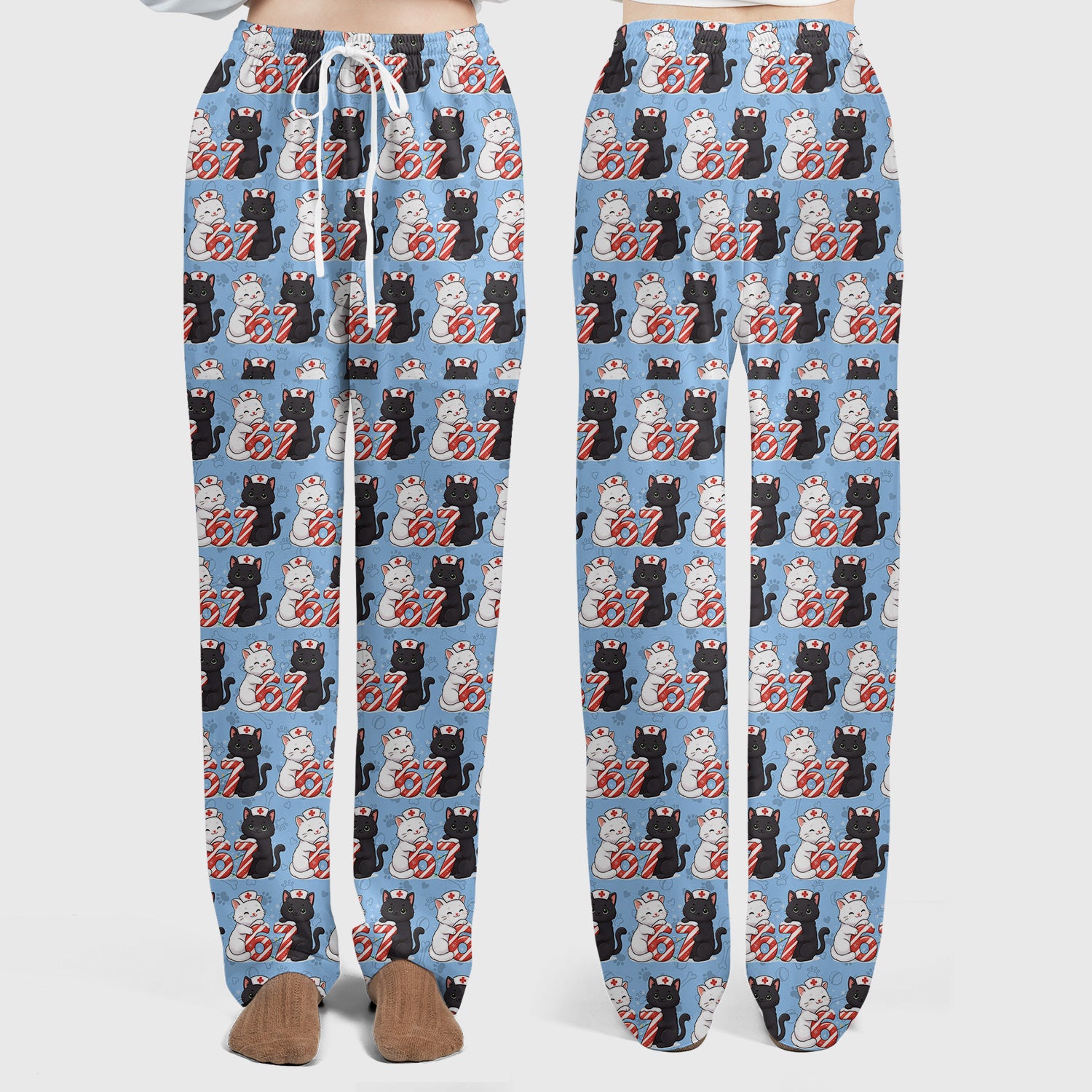 Xmas Cat Pattern Scrub Set, Christmas Nurse Six Seven With Cat Scrub Shirt, Breathable Fabrics Nursing Uniform