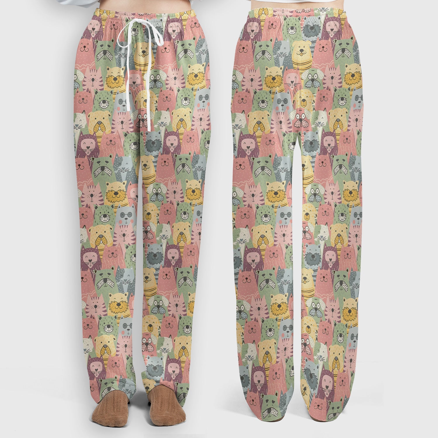 Cartoon Cat & Dog Faces Pattern Scrub Set, Scrub Pants and V Neck Top