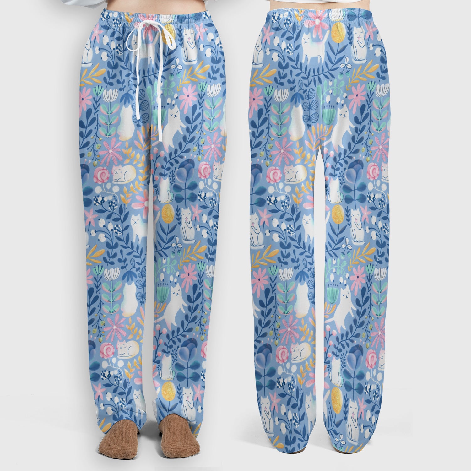 Whimsical Cat Floral Pattern Scrub Set, Women's Scrub Sets