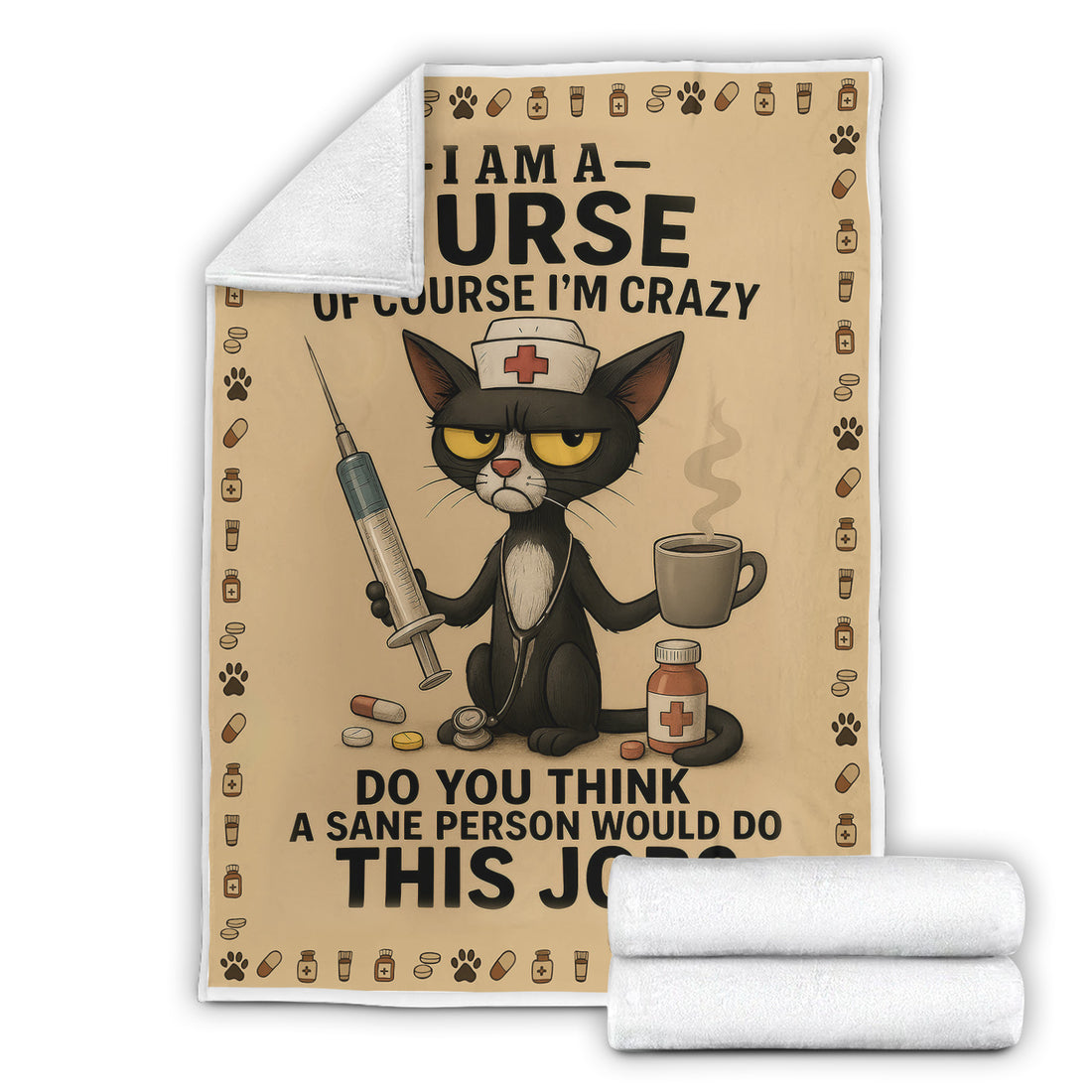Personalized Crazy Nurse Blanket - Cute Black Cat in Scrubs with Stethoscope & Coffee Graphic - Gift Idea for Registered Nurses CNA LPN