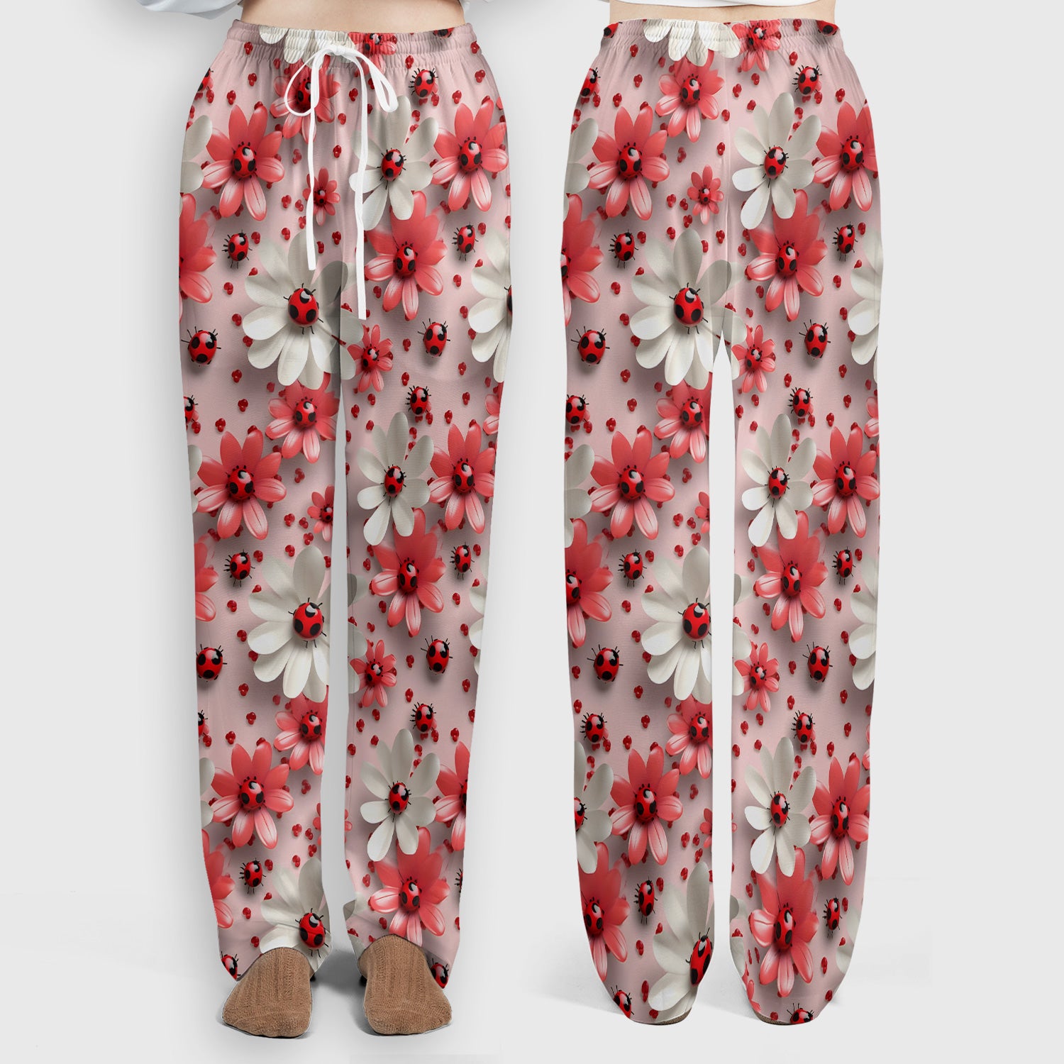 Red Ladybug Flower Pattern Scrub Set, Scrub Pants and V Neck Top