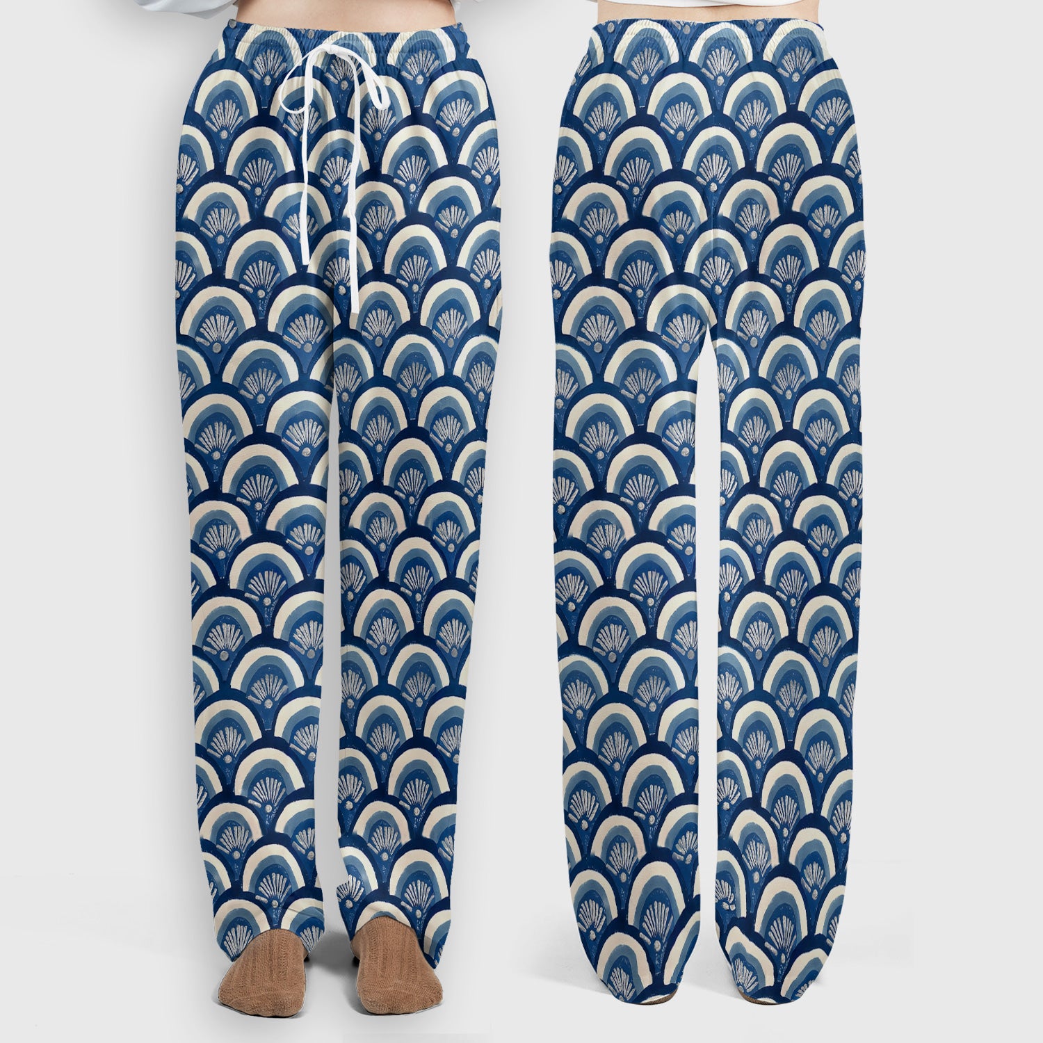 Blue Seashell Pattern Scrub Set, Scrub Pants and V Neck Top