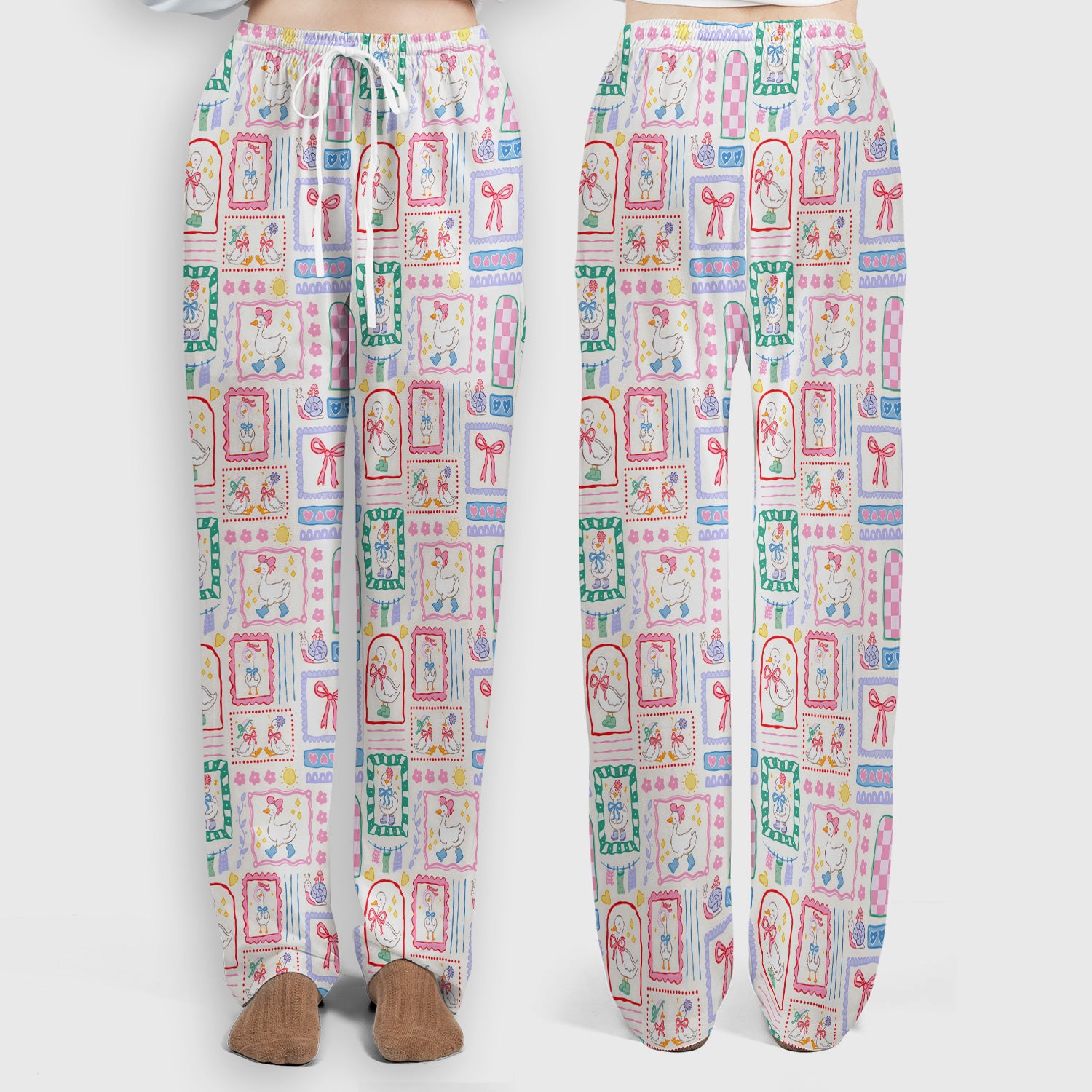 Adorable Nurse Goose Ribbon Patchwork Frame Pattern Scrub Set, Scrub Pants and V Neck Top