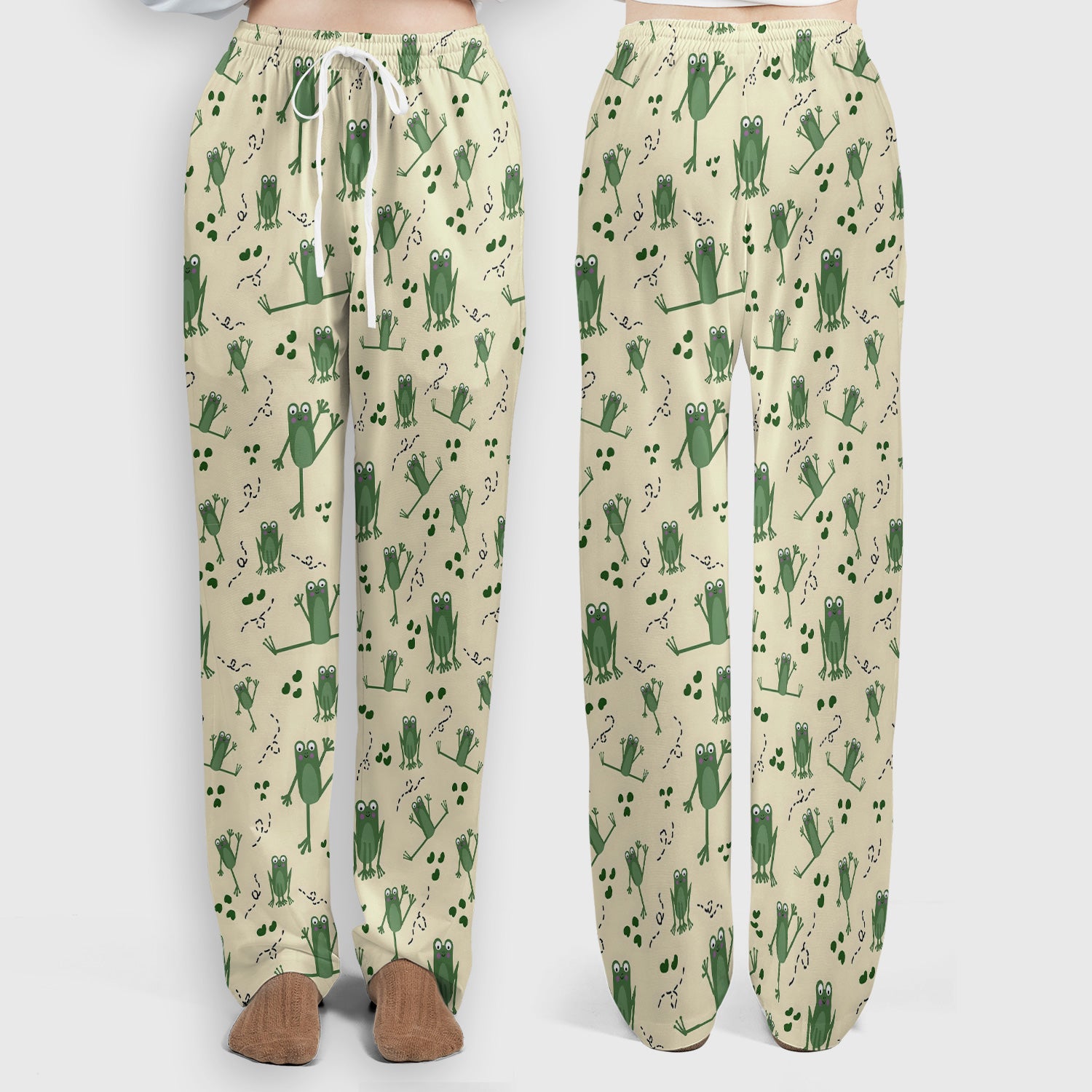 Frog Jumping Footprint Trail Pattern Scrub Set, Scrub Pants and V Neck Top