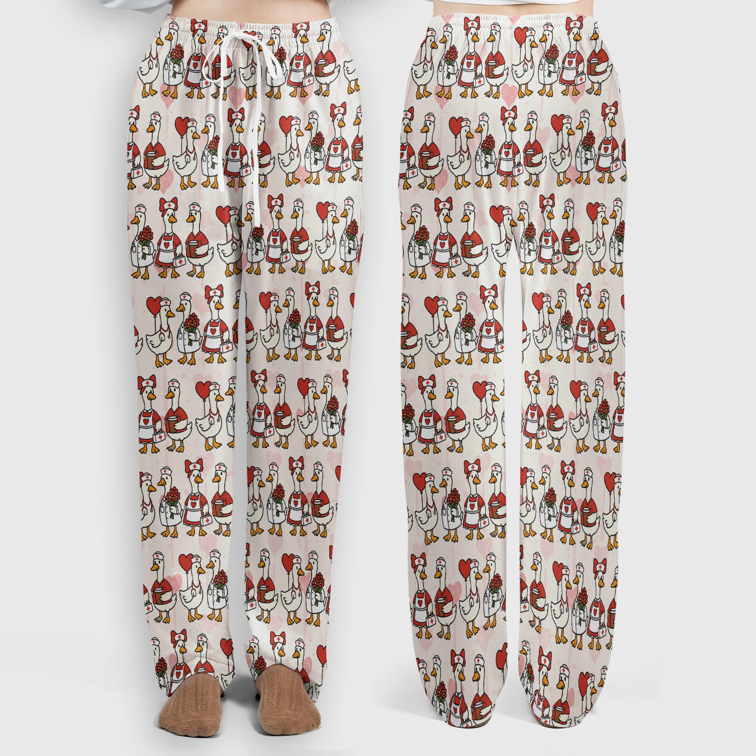 Valentine Nurse Goose with Heart Pattern Scrub Set, Scrub Pants and V Neck Top