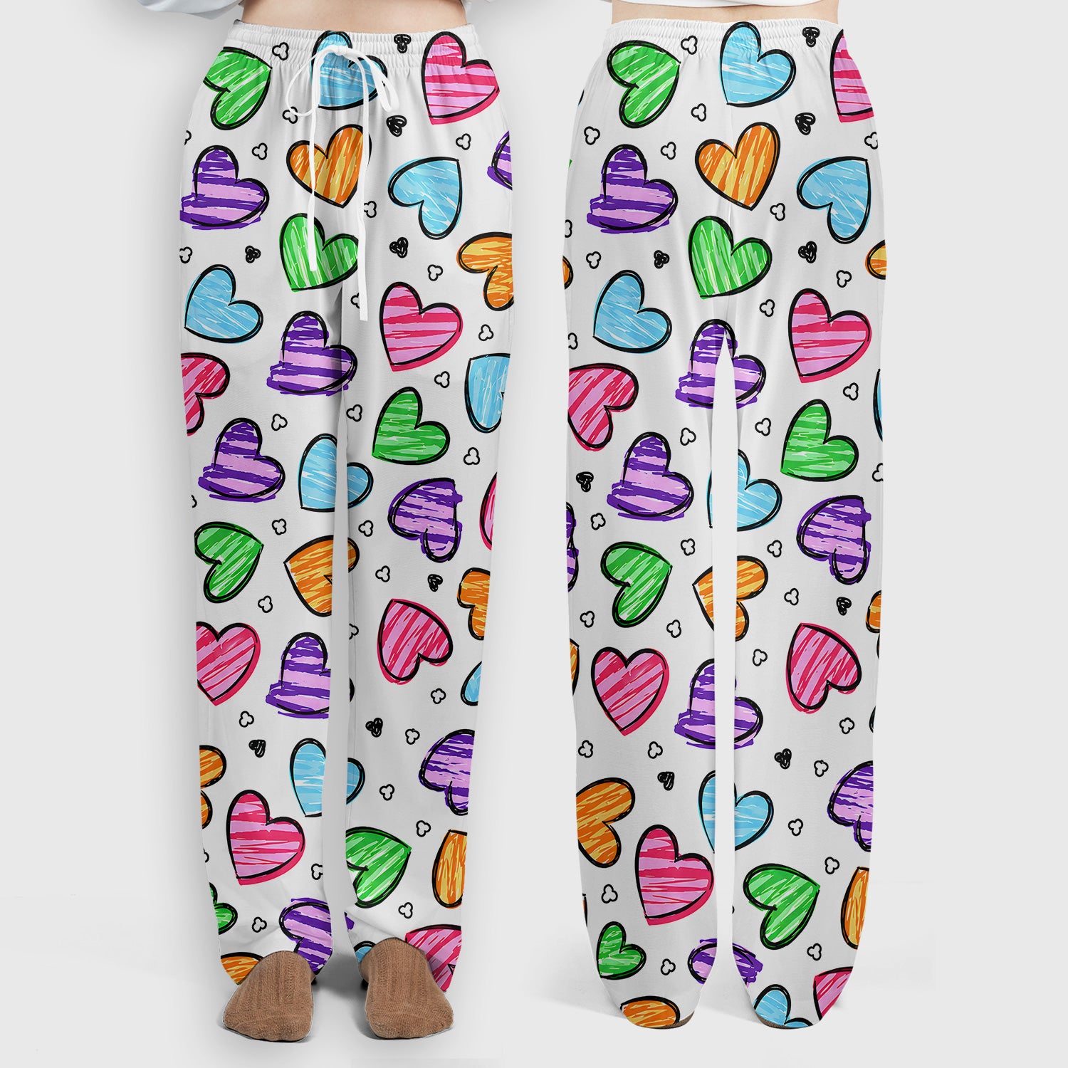 Colorful Doodle Heart Pattern Scrub Set, Scrub Pants and V Neck Top