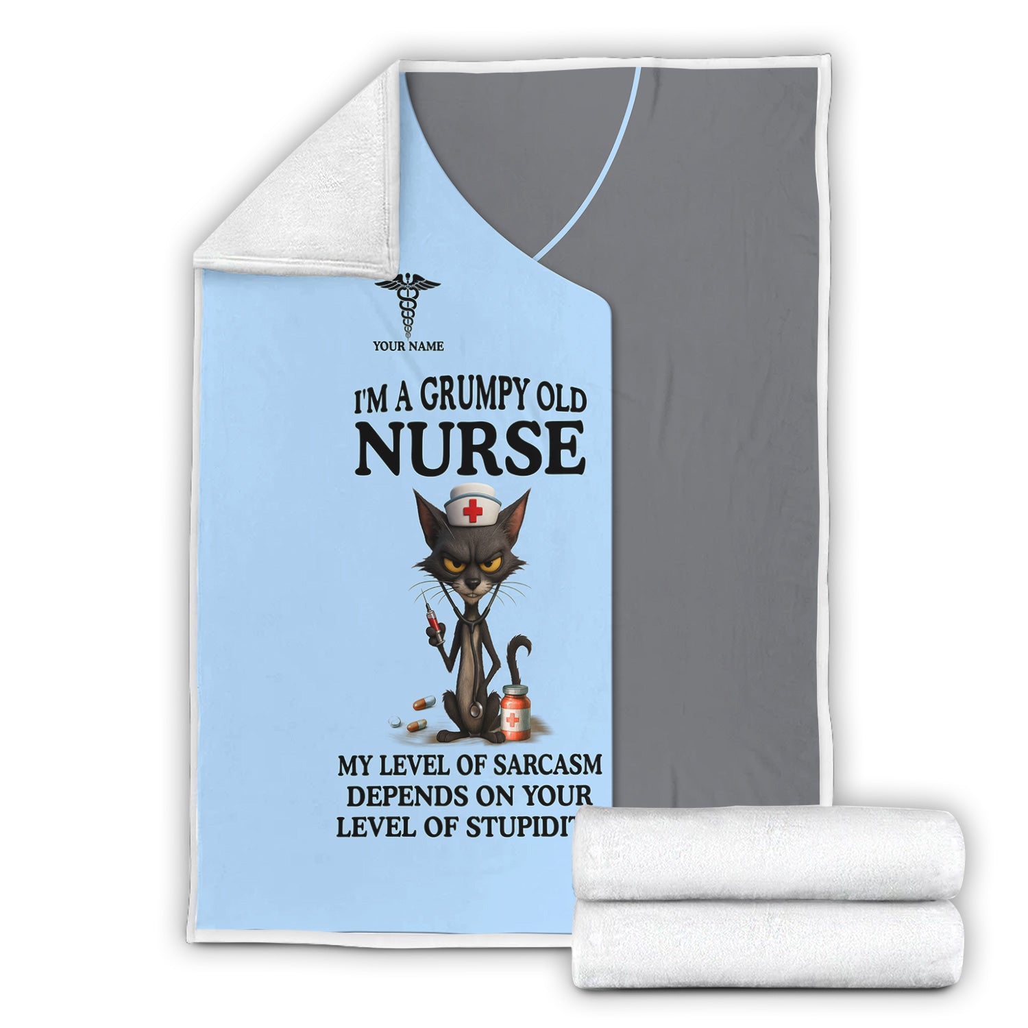 Custom Name Grumpy Old Nurse Blanket - Angry Cat Sarcastic Humor for RN LPN CNA Medical Staff Gift  - Multiple Color Options Available Keepsake