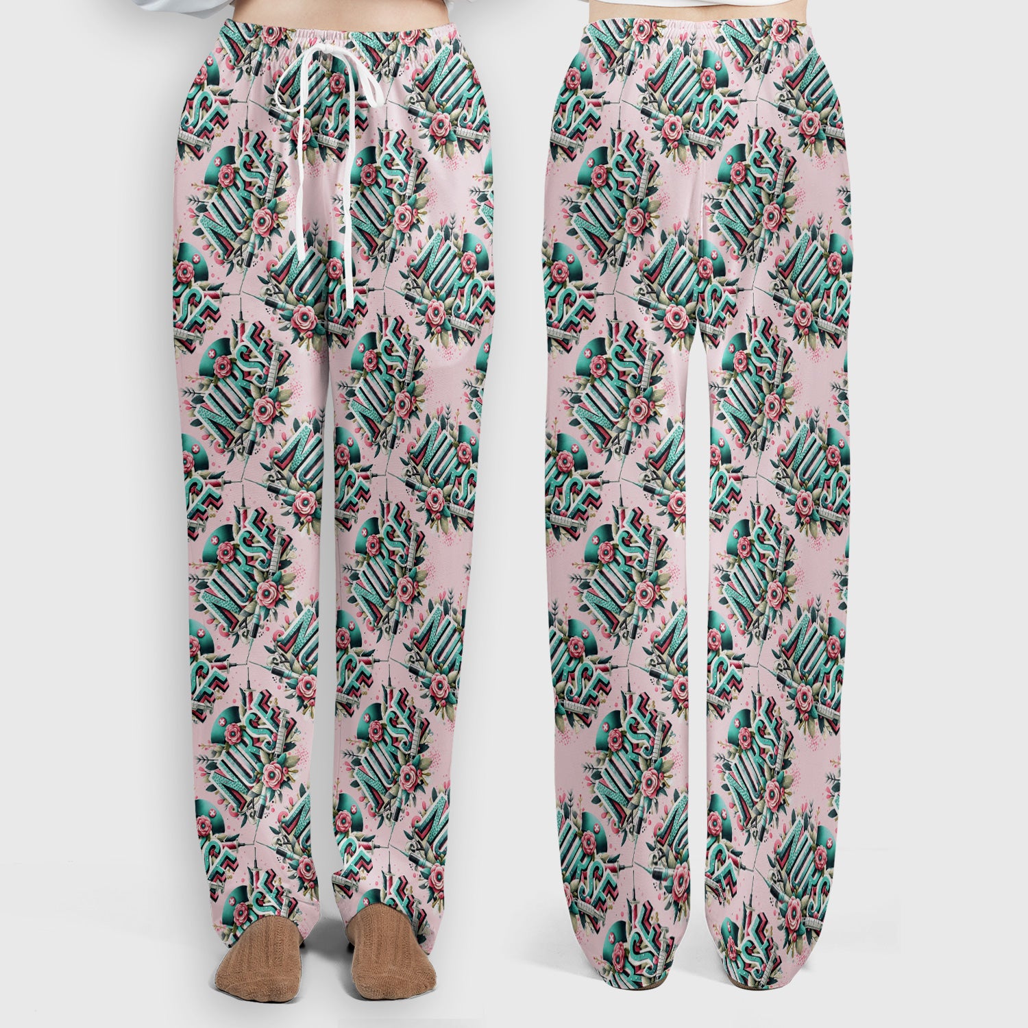Cute Nurse Typography Floral Medical Pattern Scrub Set, Scrub Pants and V Neck Top
