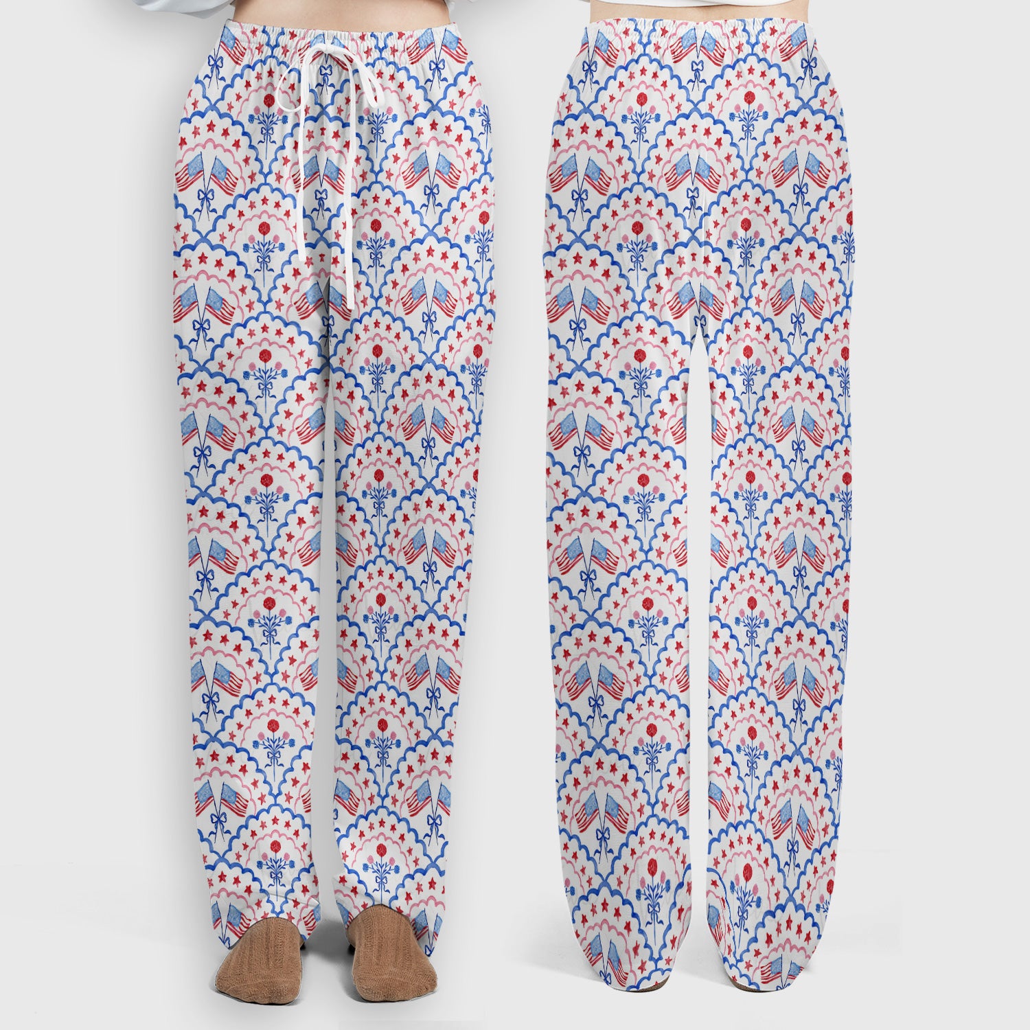 Patriotic Scallop Star Flag Floral Pattern Scrub Set, Scrub Pants and V Neck Top