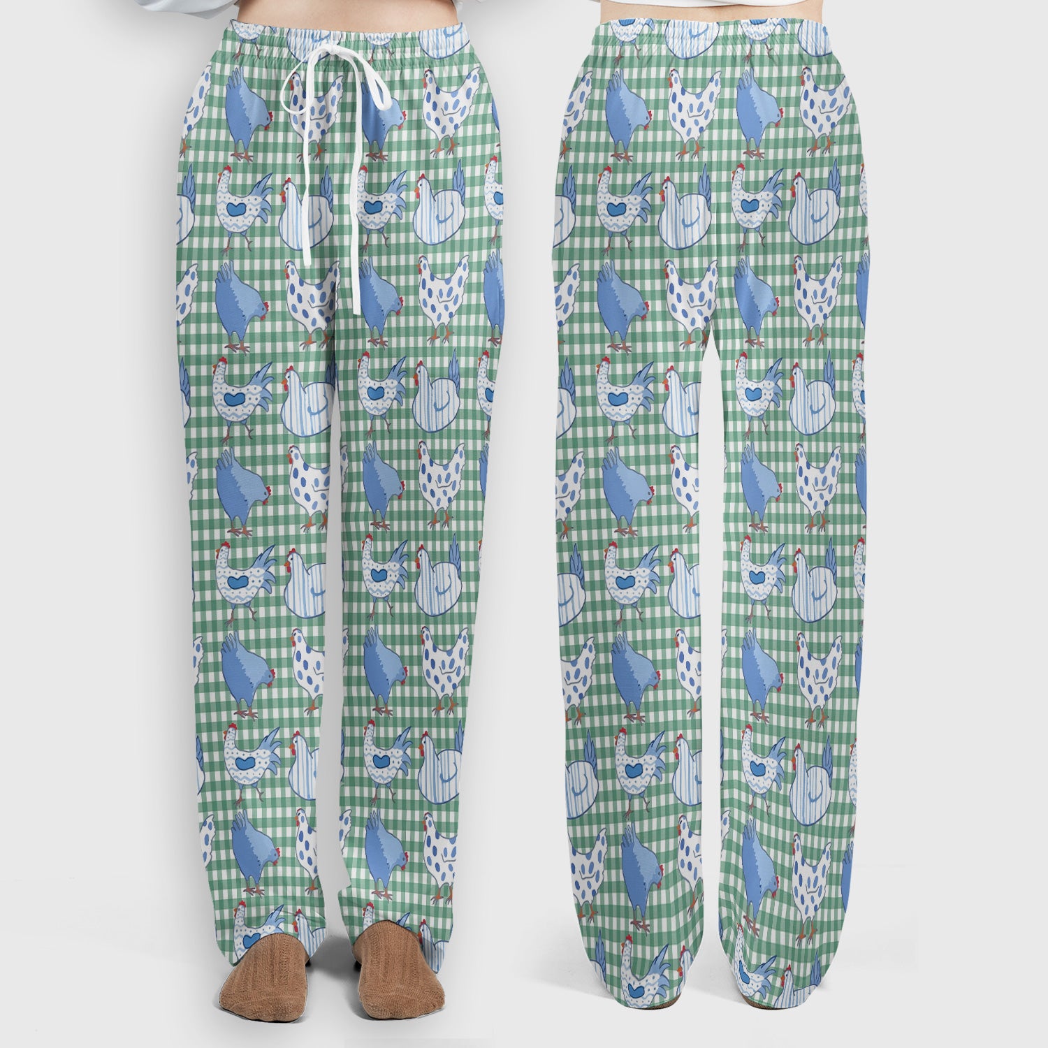 Blue Chicken Gingham Pattern Scrub Set, Scrub Pants and V Neck Top
