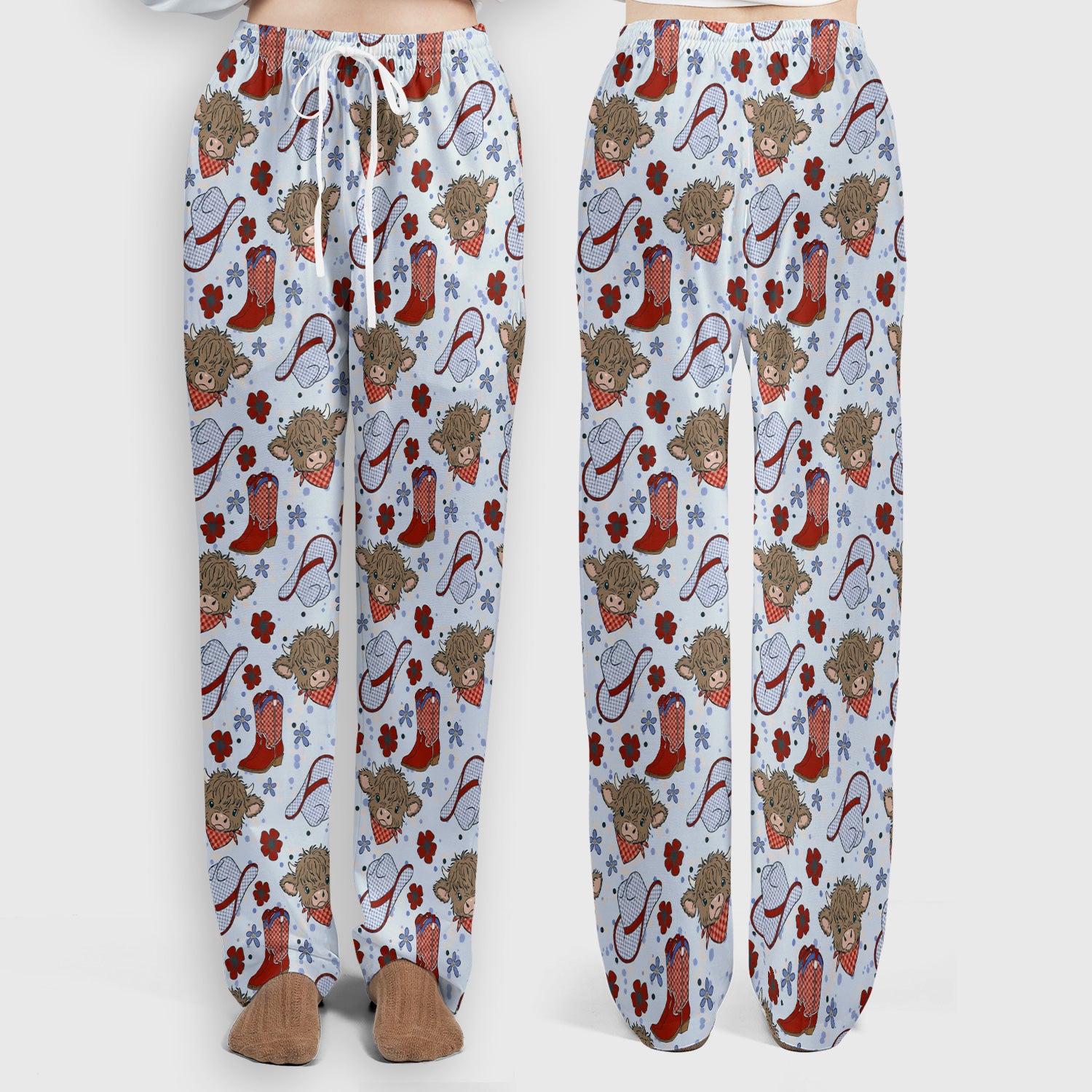 Cute Highland Cow Cowboy Boots Pattern Scrub Set, Scrub Pants and V Neck Top