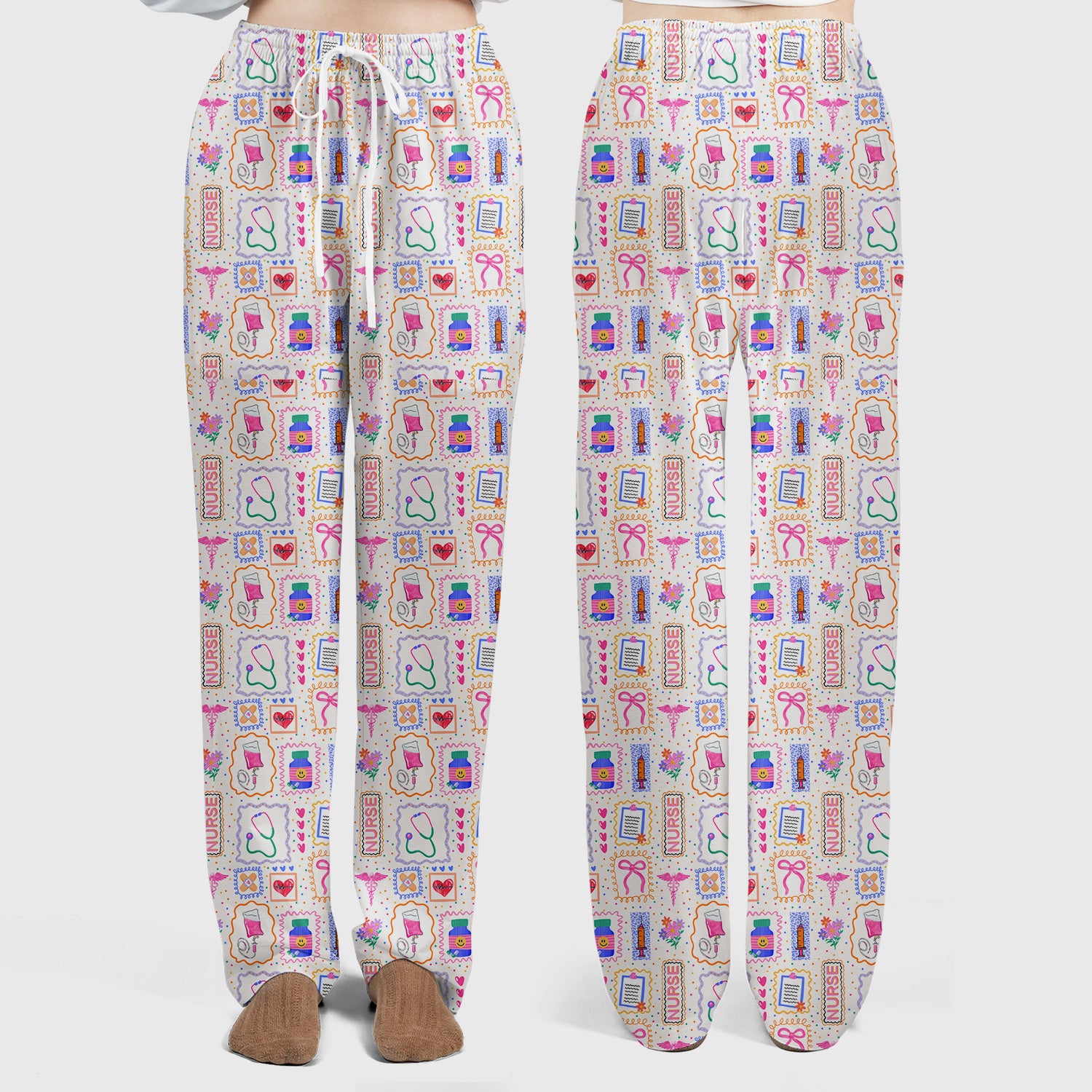 Colorful Nurse Medical Icon Pattern Scrub Set, Scrub Pants and V Neck Top