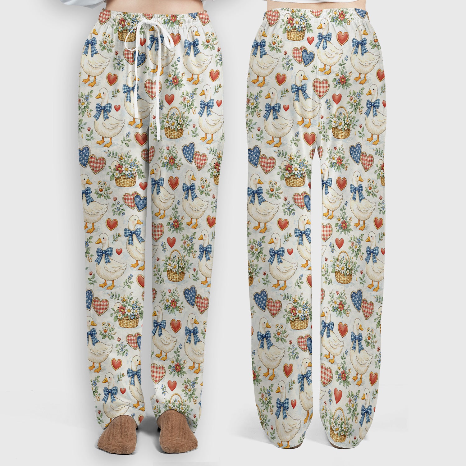 Cute Duck Heart Floral Nurse Pattern Scrub Set, Scrub Pants and V Neck Top