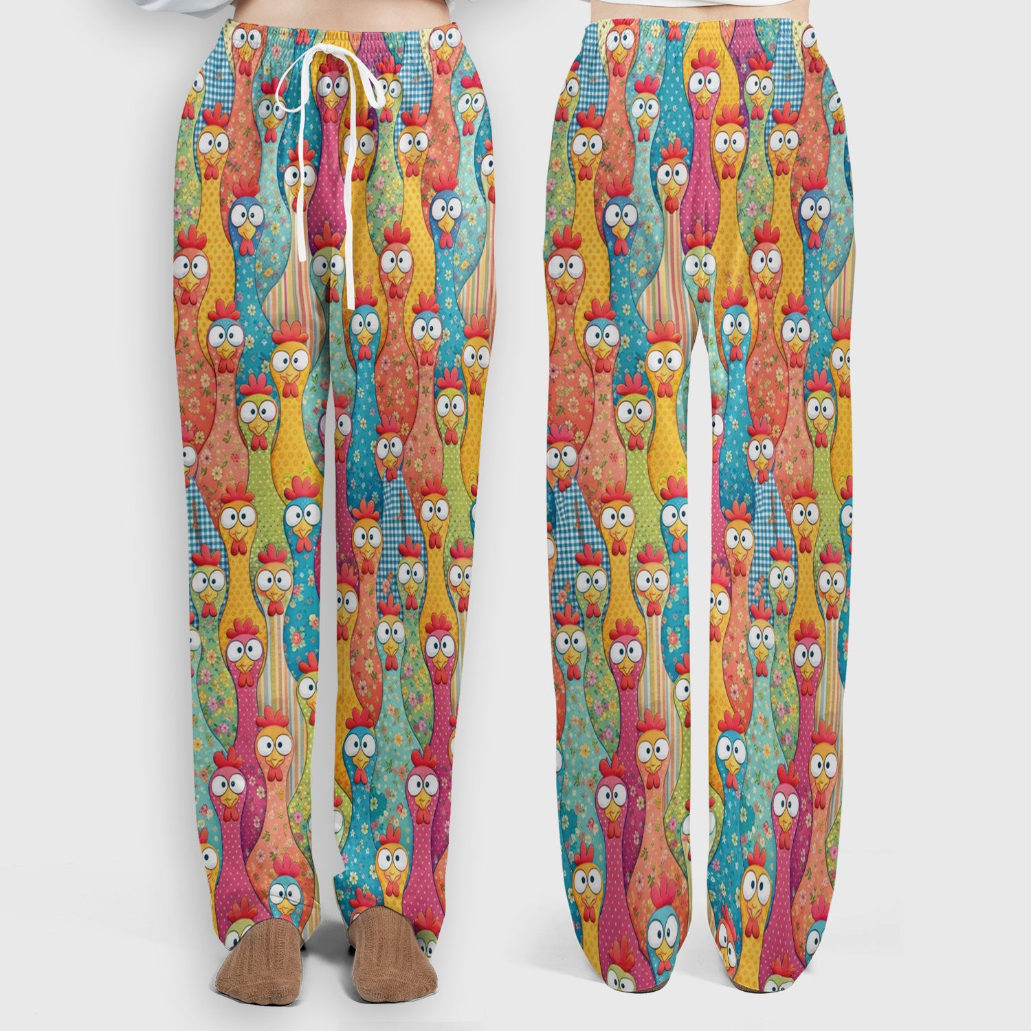 Funny Colorful Chicken Farm Cartoon Pattern Scrub Set, Scrub Pants and V Neck Top