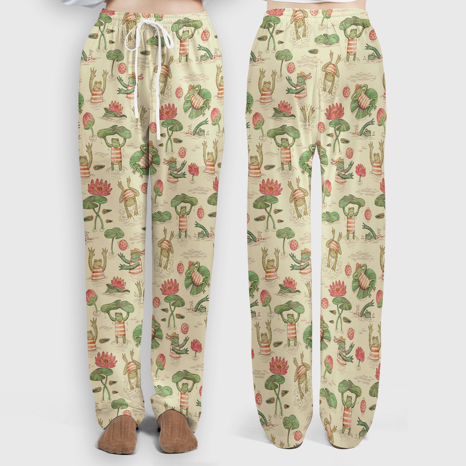 Cute Frogs Swimming Lily Pond Pattern Scrub Set, Scrub Pants and V Neck Top