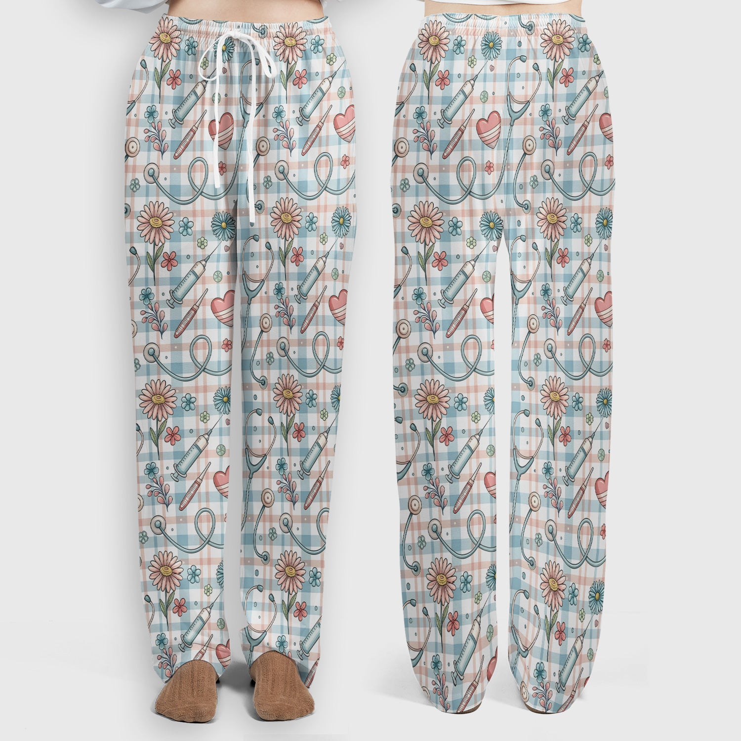 Stethoscope Heart Syringe Floral Plaid Pattern Scrub Set, Scrub Pants and V Neck Top