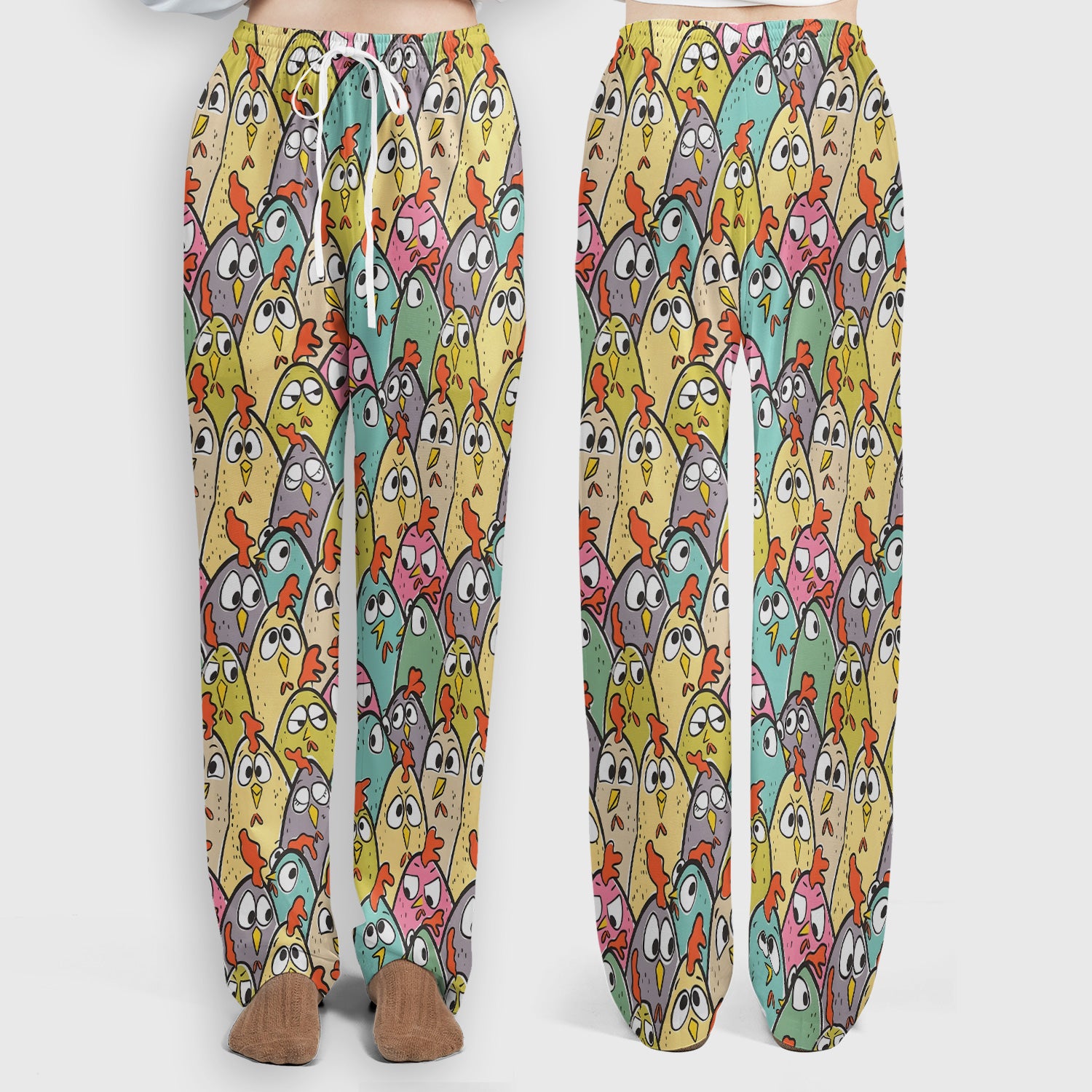 Funny Cartoon Chicken Crowd Pattern Scrub Set, Scrub Pants and V Neck Top