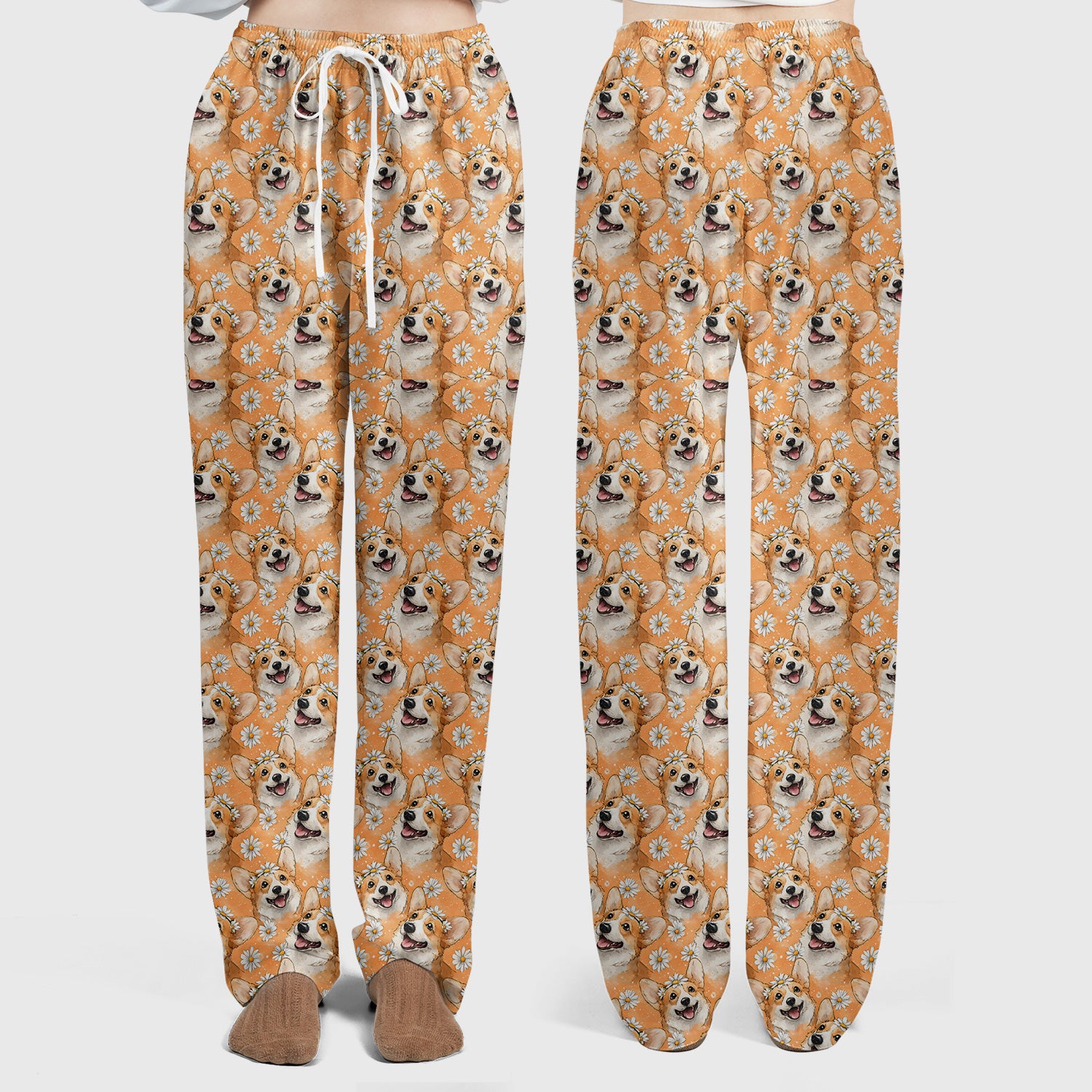 Happy Corgi Daisy Floral Pattern Orange Scrub Set,  Breathable Med Uniform