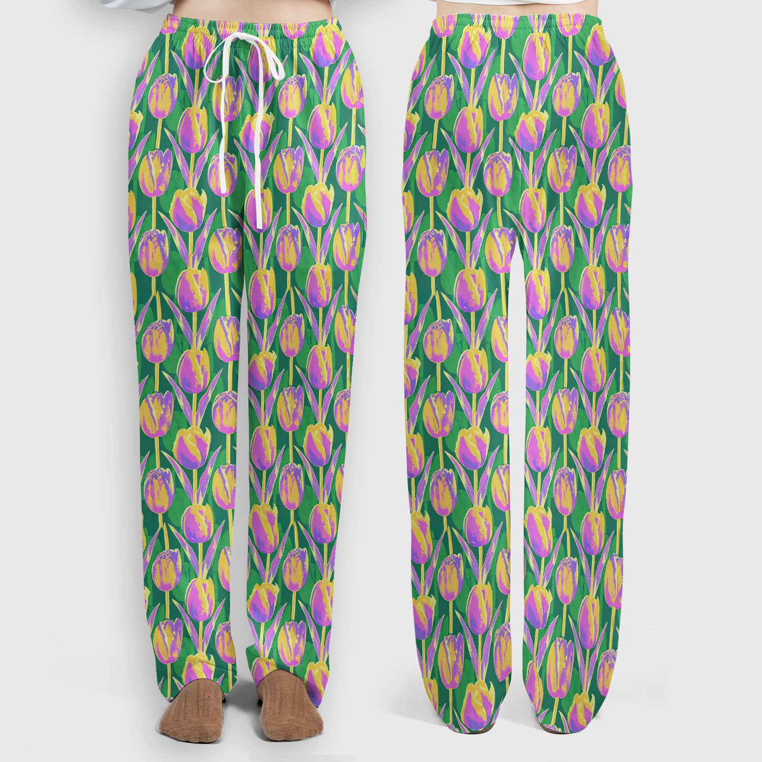 Colorful Tulip Floral Pattern Scrub Set, Scrub Pants and V Neck Top