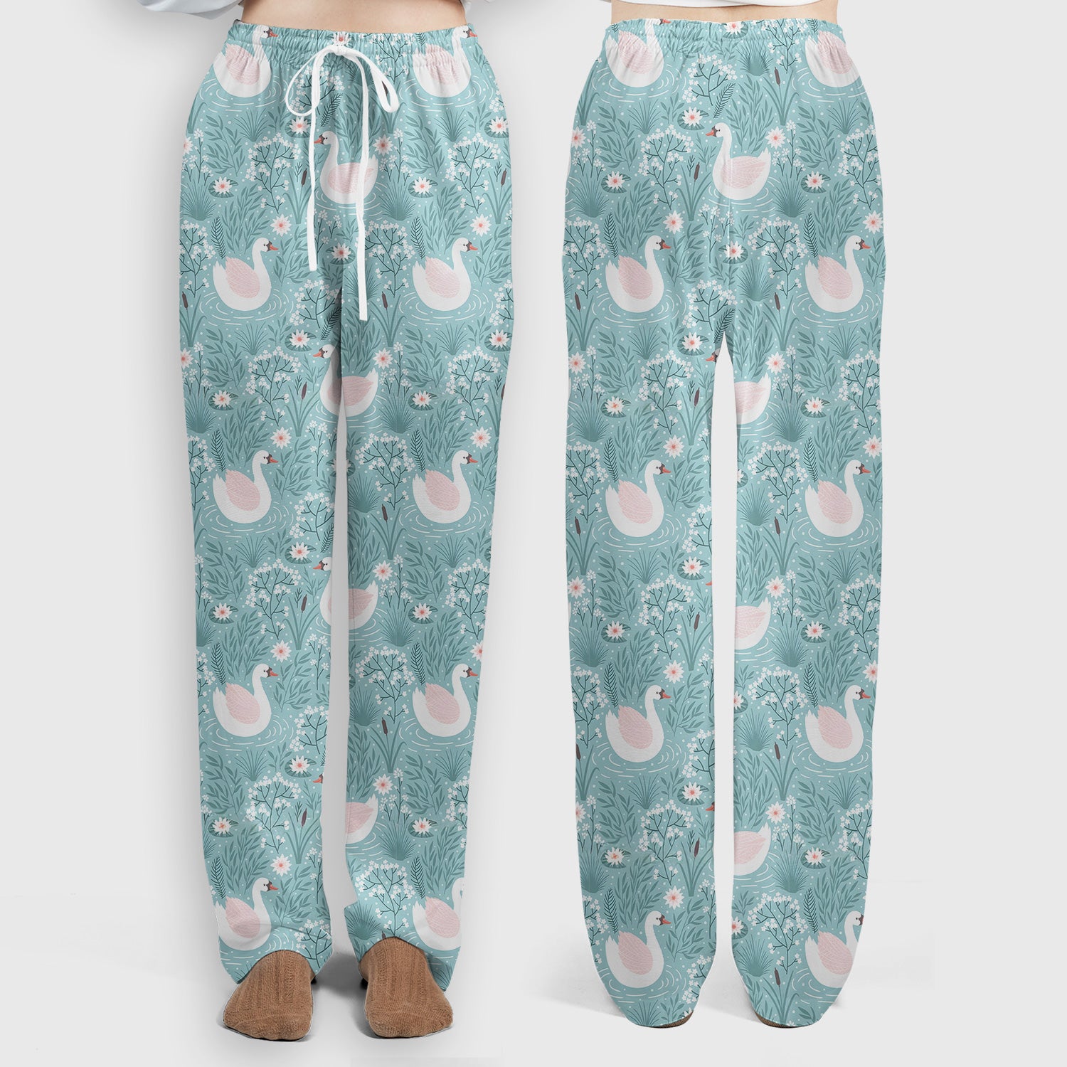 Sweet Swan Waterlily Garden Pattern Scrub Set, Scrub Pants and V Neck Top