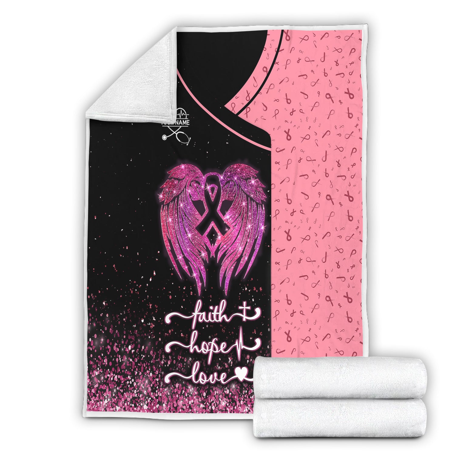 Personalized Breast Cancer Awareness Blanket - Faith Hope Love & Angel Wings - Gift for Nurse RN LPN CNA