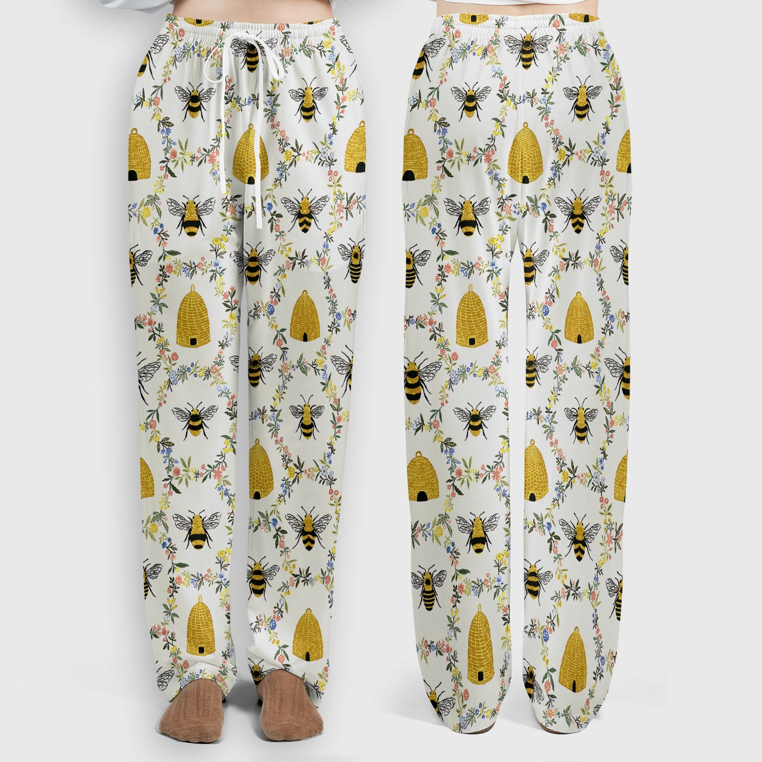 Honey Bee Beehive Floral Pattern Scrub Set, Scrub Pants and V Neck Top