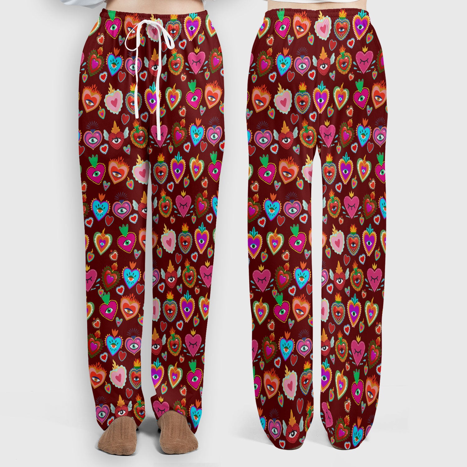 Valentine Colorful Sacred Heart Print Women's Scrub Set, Scrub Pants and V Neck Top