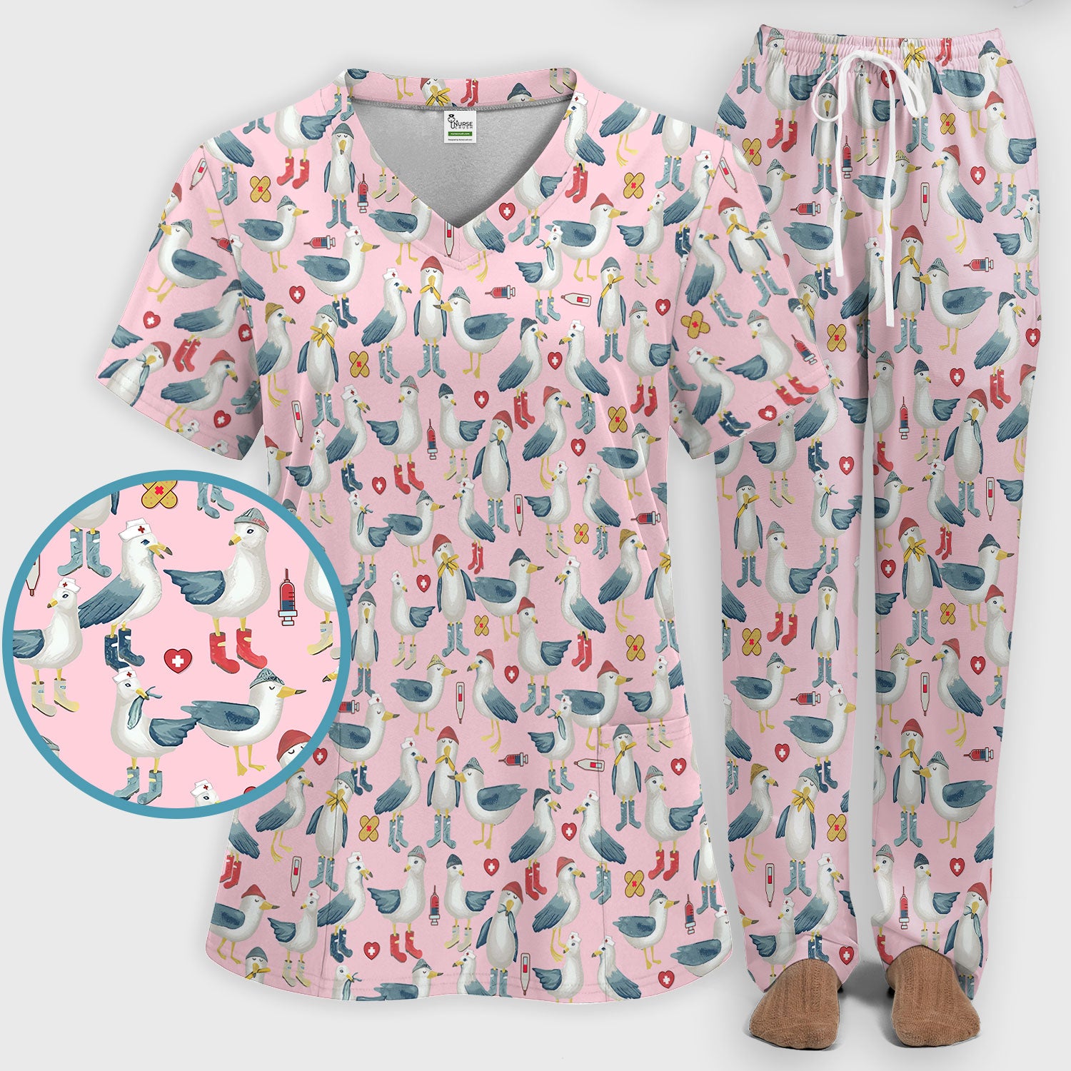 Funny Seagull Nurse Scrub Set - Cute Bird with Medical Icons Scrubs Pants and V Neck Top - Comfortable Scrubs for Women