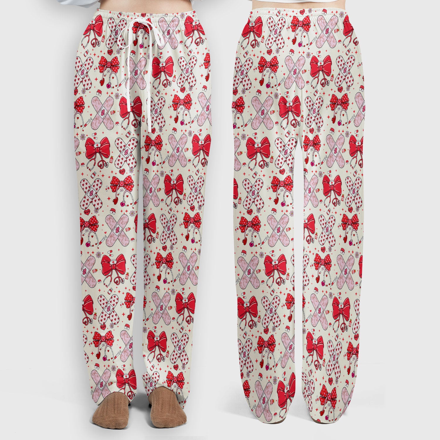 Valentine Nurse Scrub Set, Red Bow And Heart Bandage Pattern Medical Shirt, Breathable Fabrics Nursing Uniform