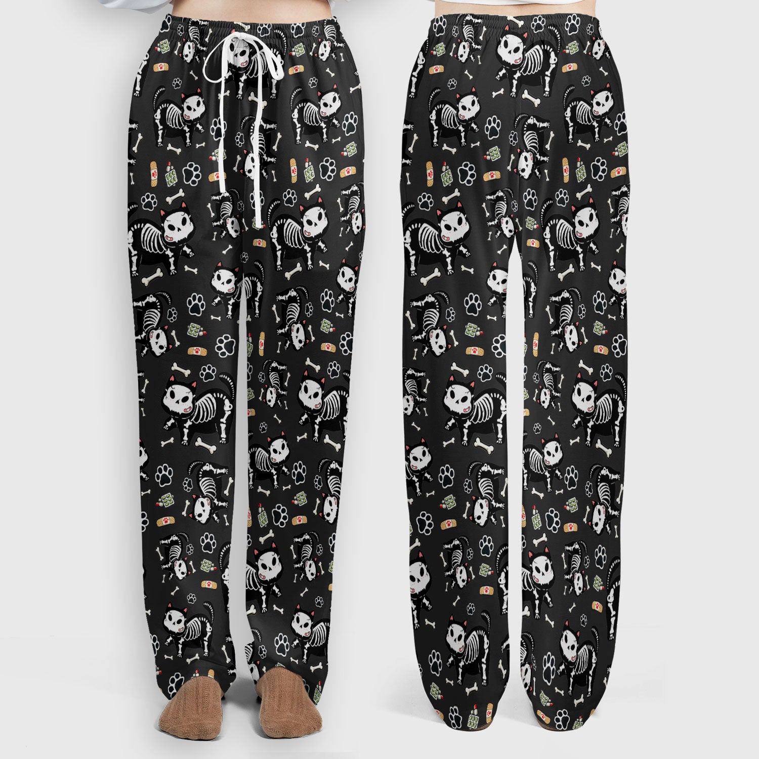 Skeleton Cat Medical Pattern Scrub Set, Scrub Pants and V Neck Top