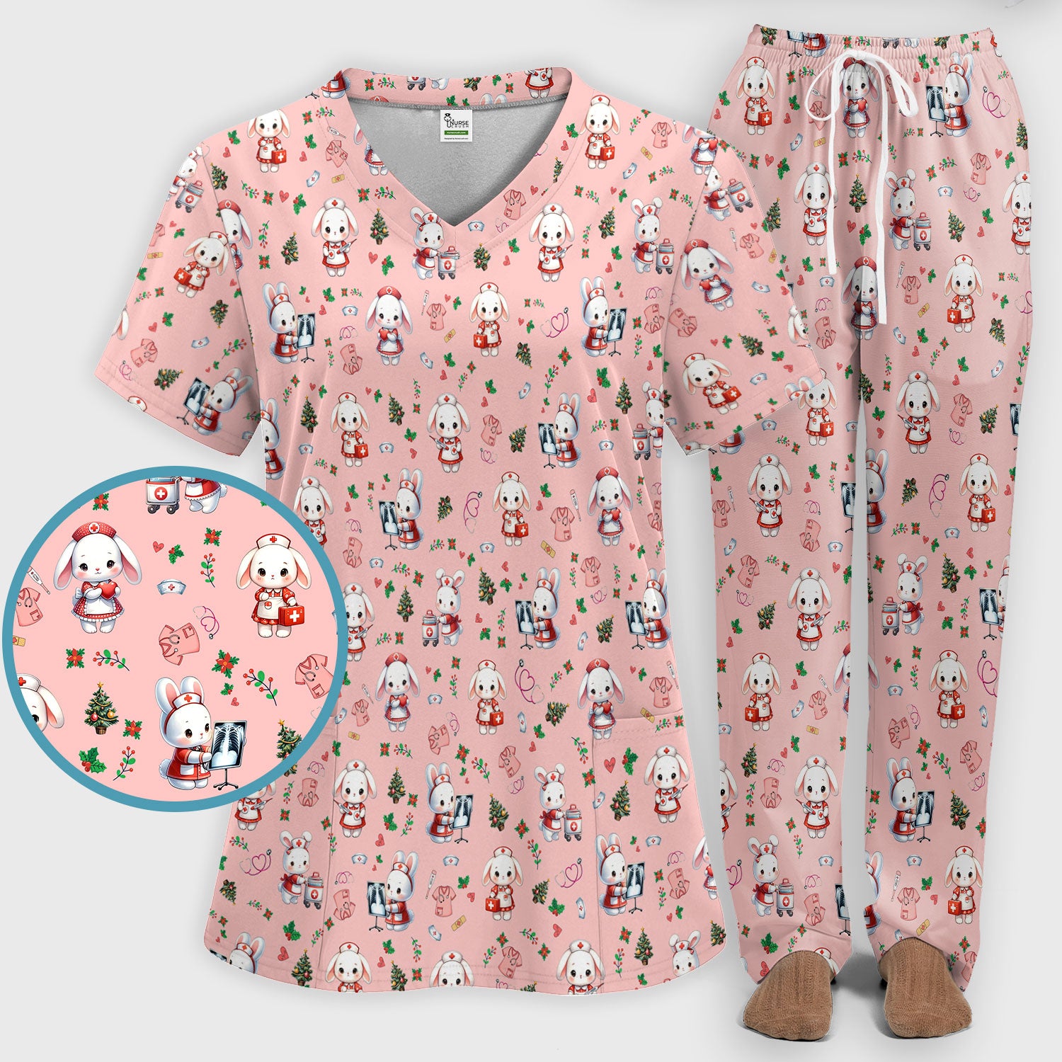 Cute Bunny Scrub Set for Nurse - Adorable Christmas Rabbit Pants and V Neck Top - Funny Holiday Medical Shirt Gift