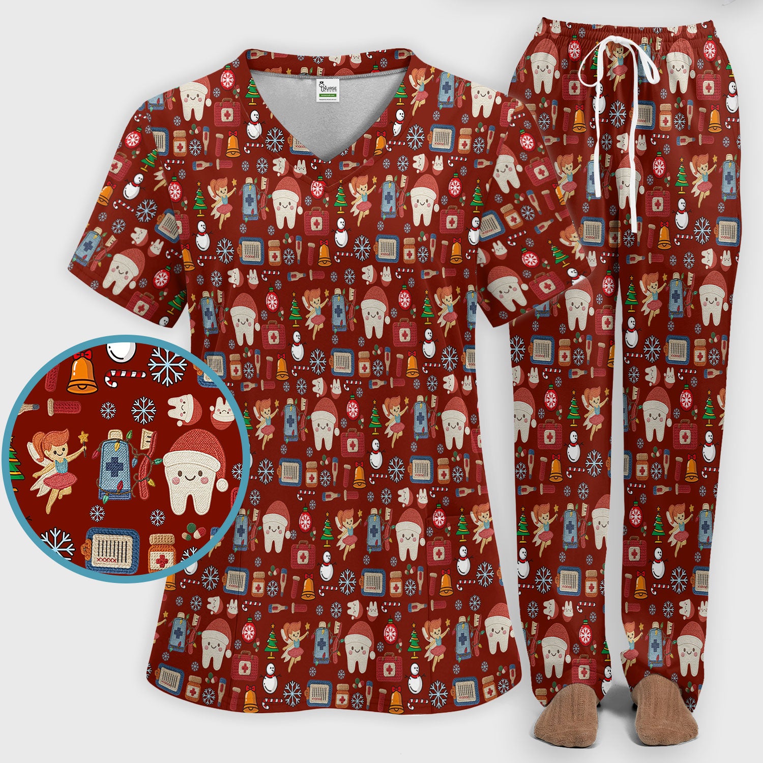 Christmas Dental Scrub Set - Cute Santa Tooth & Snowman Scrubs Pants and V Neck Top - Funny Holiday Gift for Dentists, Hygienists