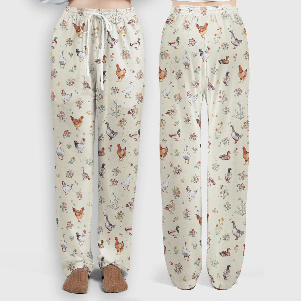 Farm Chicken Duck Floral Pattern Scrubs Sets, Scrub Pants and V Neck Top