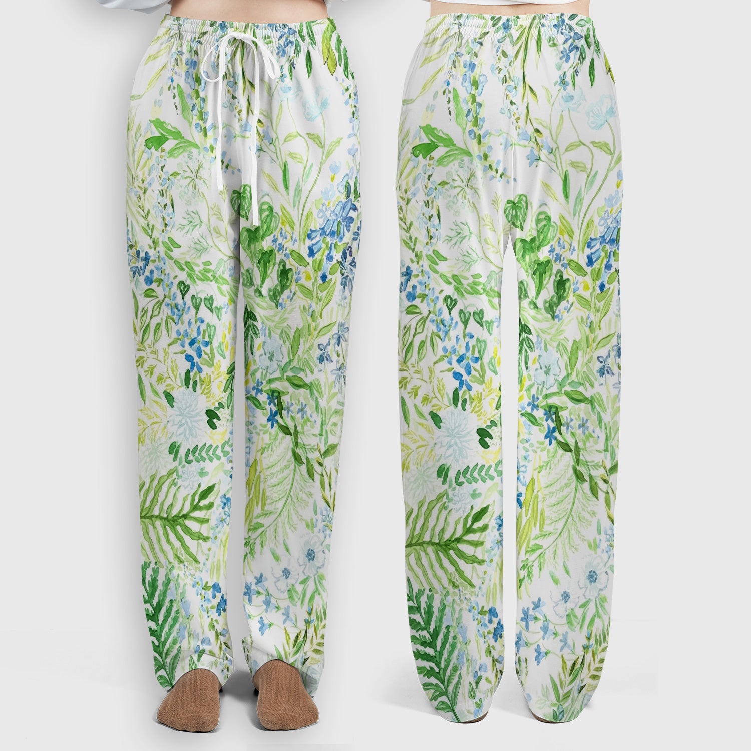 Green Botanical Floral Pattern Scrub Set, Scrub Pants and V Neck Top