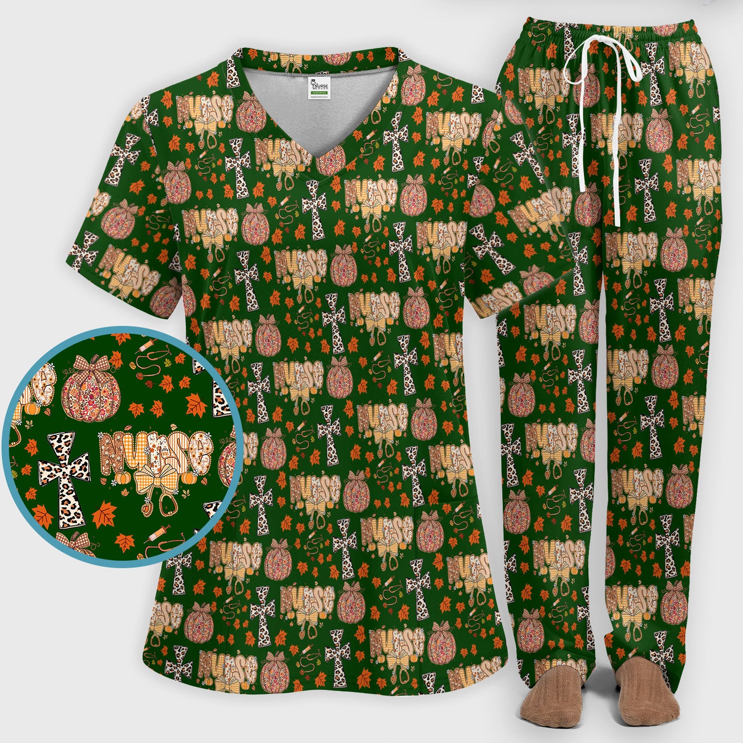 Floral Pumpkin Scrub Set for Women - Coquette Bow Thanksgiving Scrubs Pants and V Neck Top - Comfortable Medical Uniform