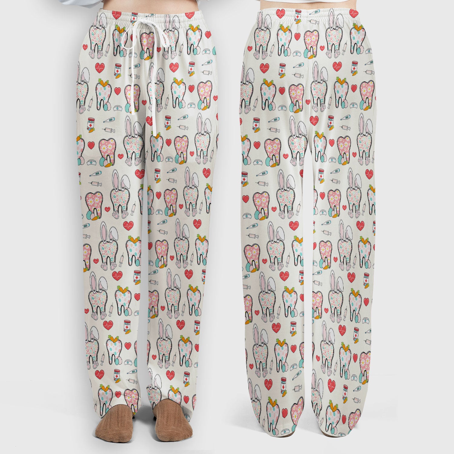 Playful Bunny Dentist Illustration Medical Set, Scrub Pants and V Neck Top