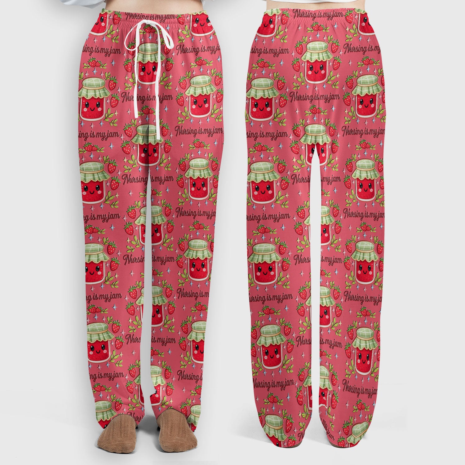 Cute Strawberry Jam Nurse Pattern Scrub Set, Breathable Med Uniform