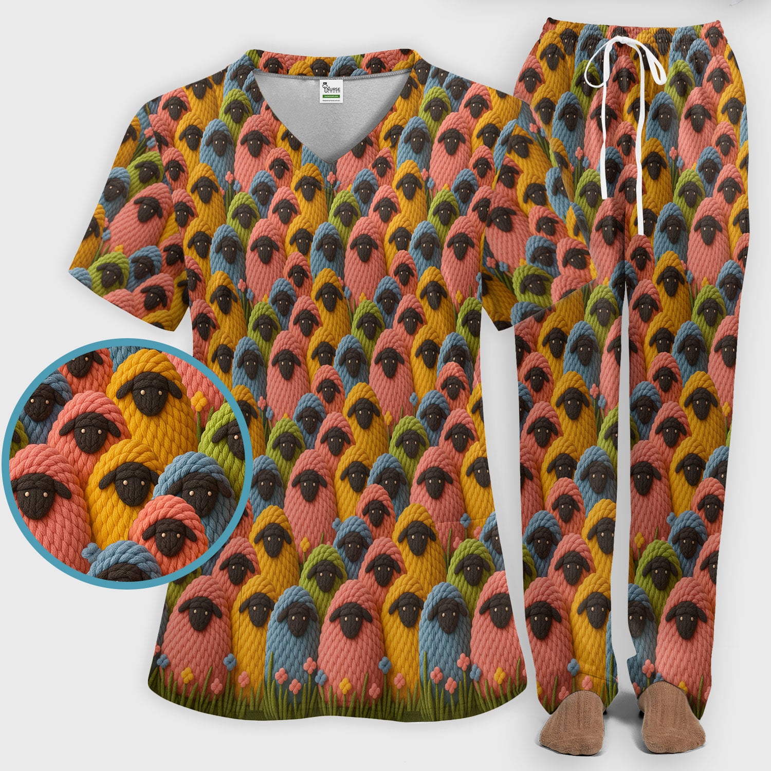 Cute Sheep Women's Scrub Sets - Black Sheep Comfortable Scrubs for Nurses - Breathable Med Uniform - Christmas Gift for Her