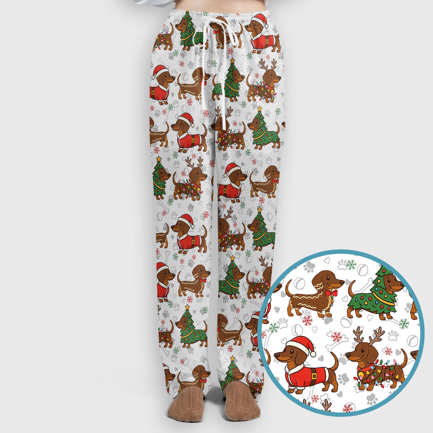 Christmas Weenie Dog Scrub Sets - Xmas Dachshund Scrub Pants - Cute Sausage Puppy V Neck Top - Ugly Sweater for Pet Lover
