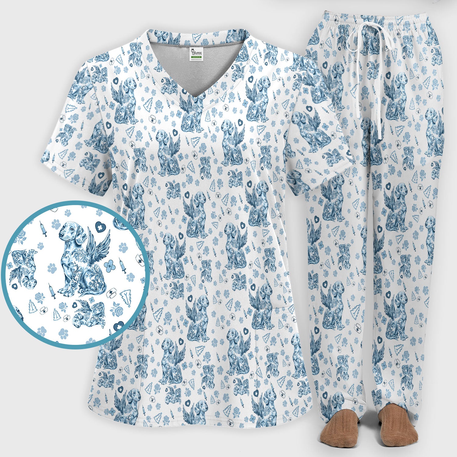 Toile de Jouy Dachshund Angel Scrub Set - Blue Vintage Wiener Dog Scrubs Pants and V Neck Top - Memorial Puppy Gift