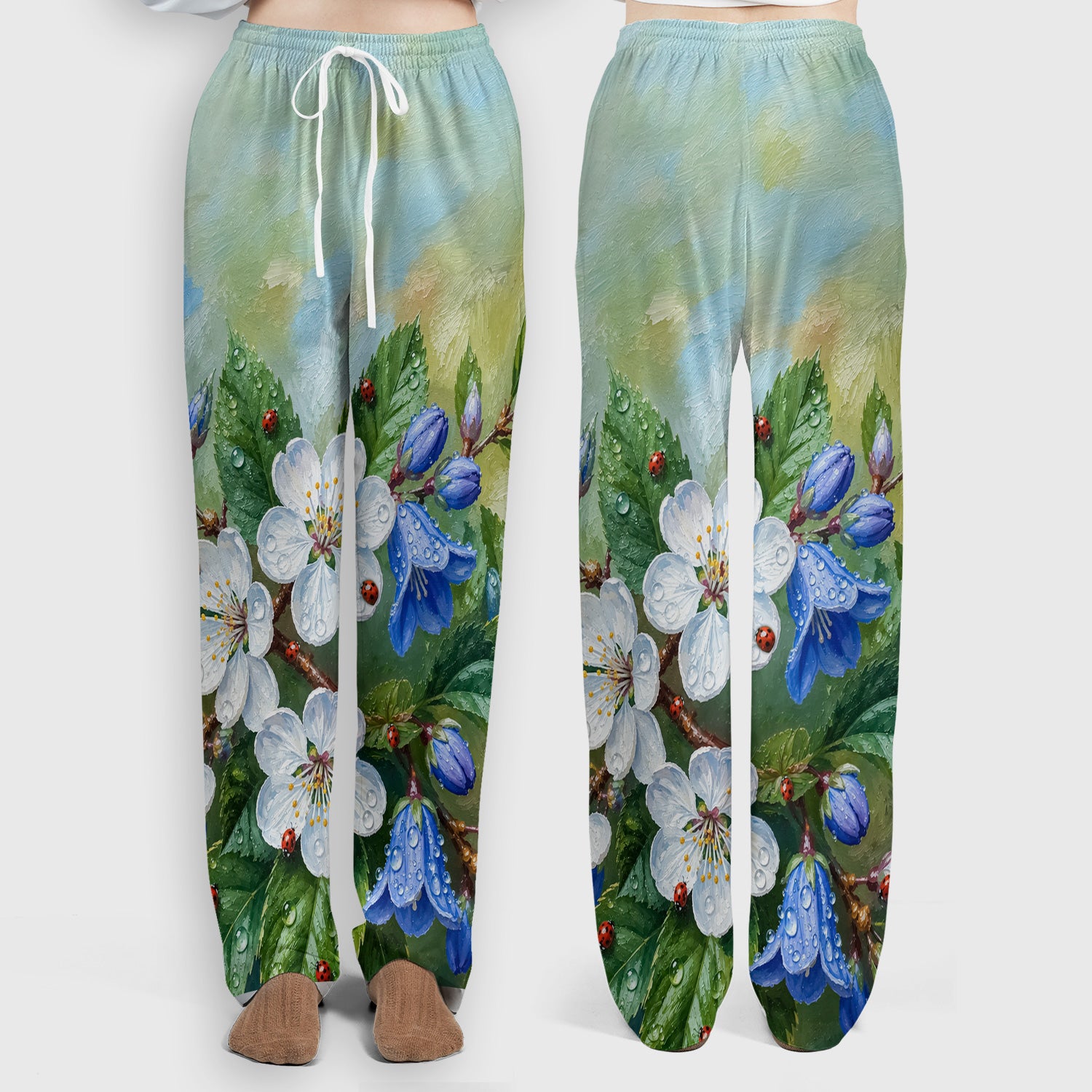 Cute Ladybug Blossom Garden Pattern Scrub Set, Scrub Pants and V Neck Top