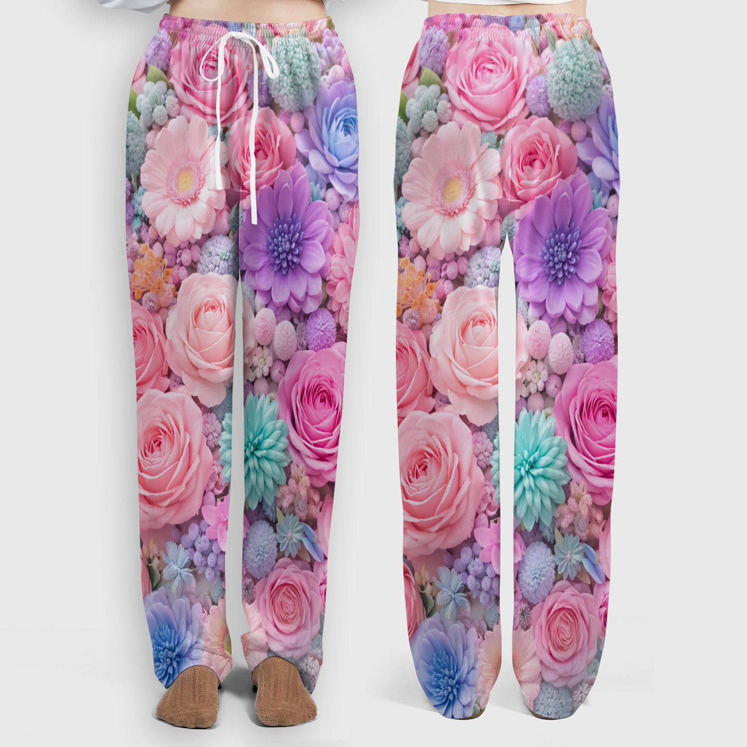 Pastel Floral Dream Scrub Set, Pink Rose Candy Color Nursing Uniform Set, V-Neck Top & Pants