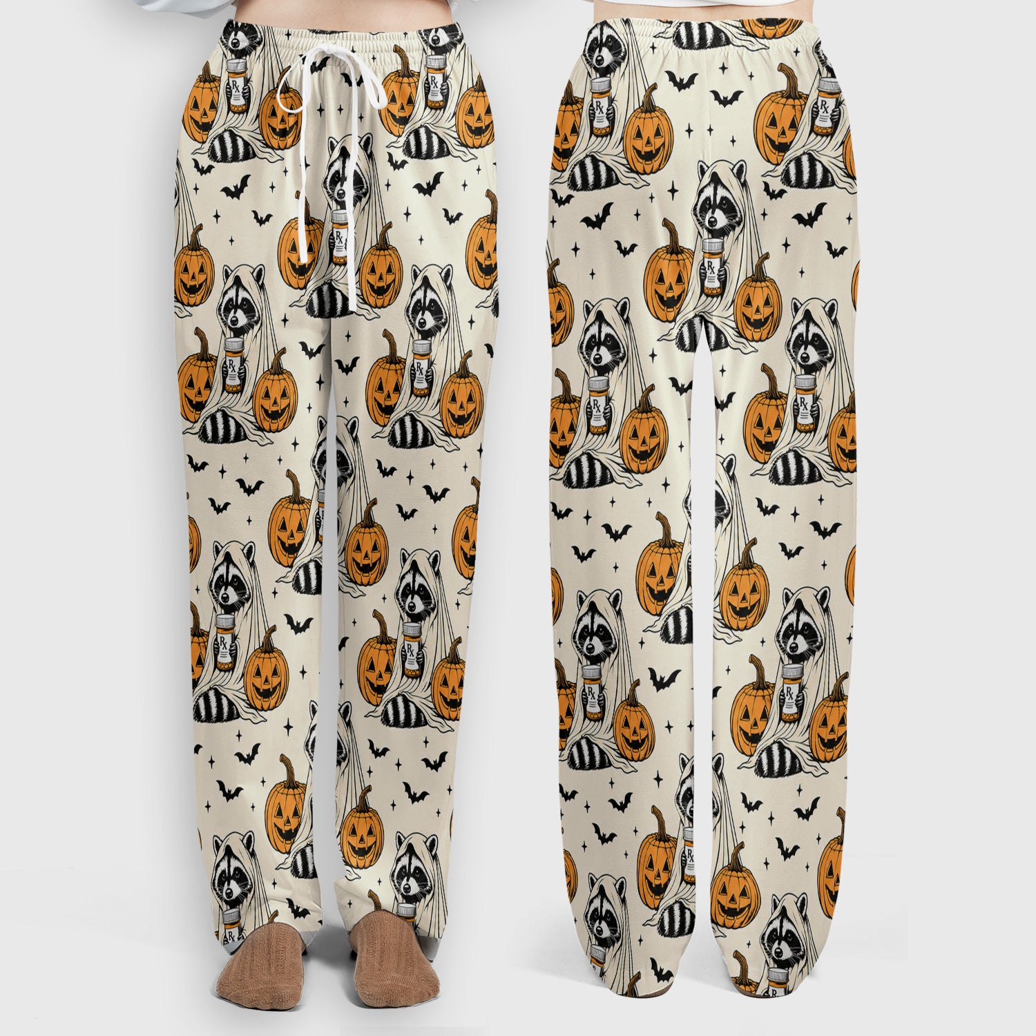 Halloween Raccoon with Pumpkin Bat Print Scrub Set, Scrub Pants and V Neck Top