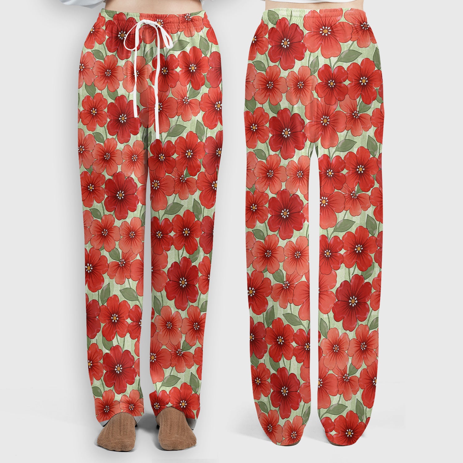 Patriotic USA Flag With Red Floral Blossom Pattern Scrub Set, Scrub Pants and V Neck Top