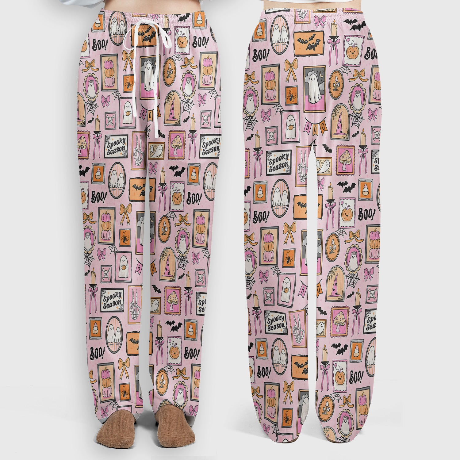 Pink Halloween Ghost Gallery Print Scrub Set, Scrub Pants and V Neck Top