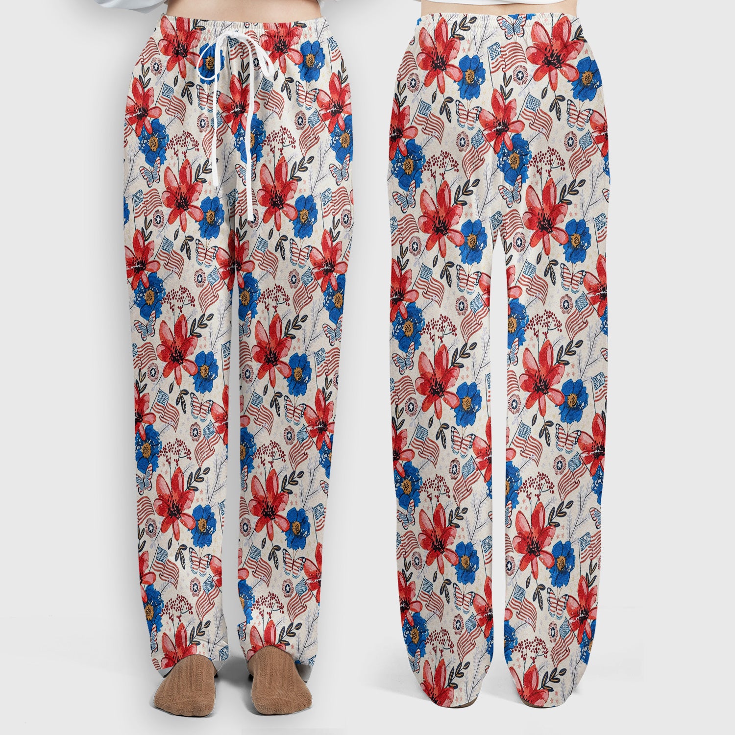 Patriotic Floral Flag Butterfly Pattern Scrub Set, Scrub Pants and V Neck Top