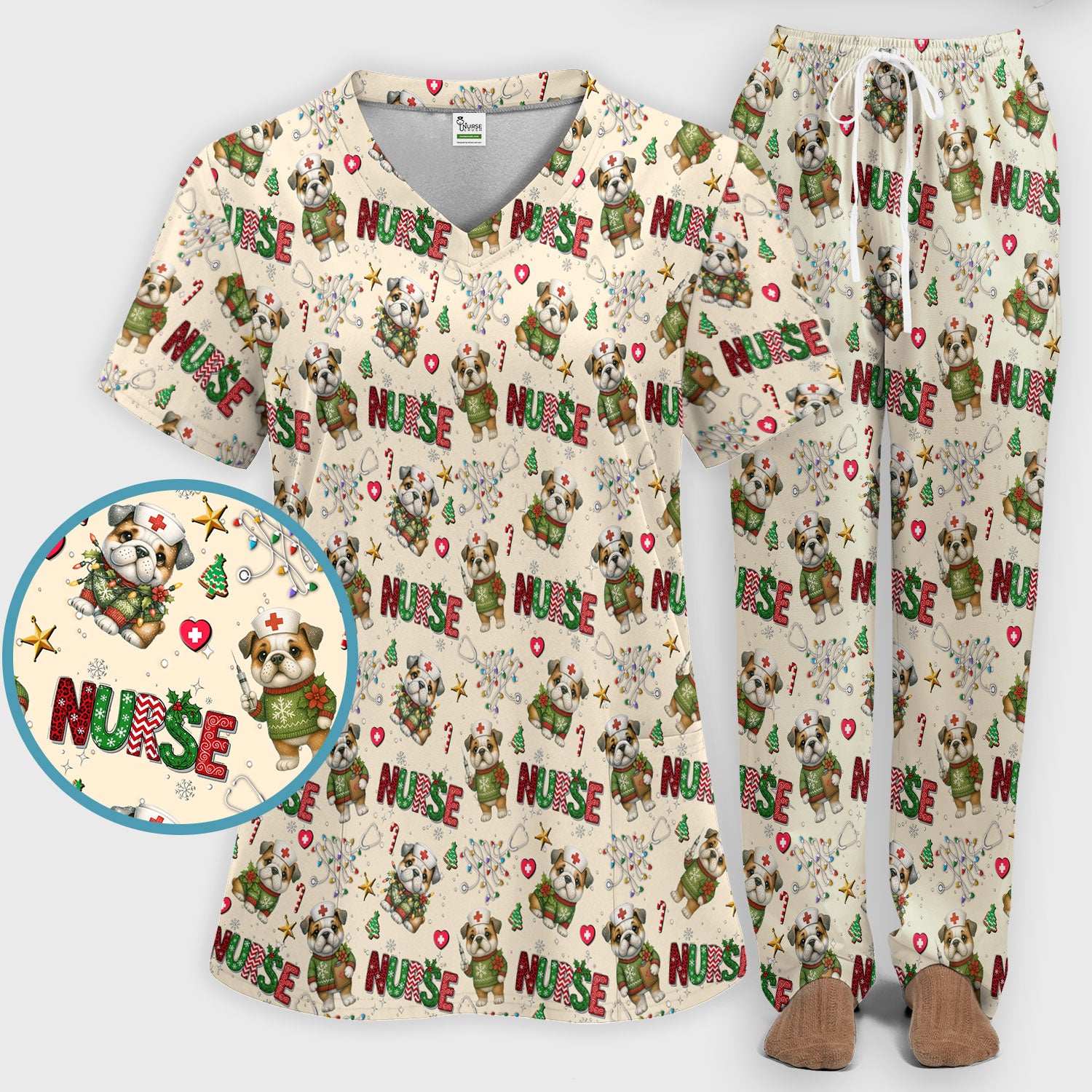 Bulldog Christmas Nurse Scrub Set - Funny Dog Scrubs Pants and V Neck Top - Cute Holiday Medical Uniform