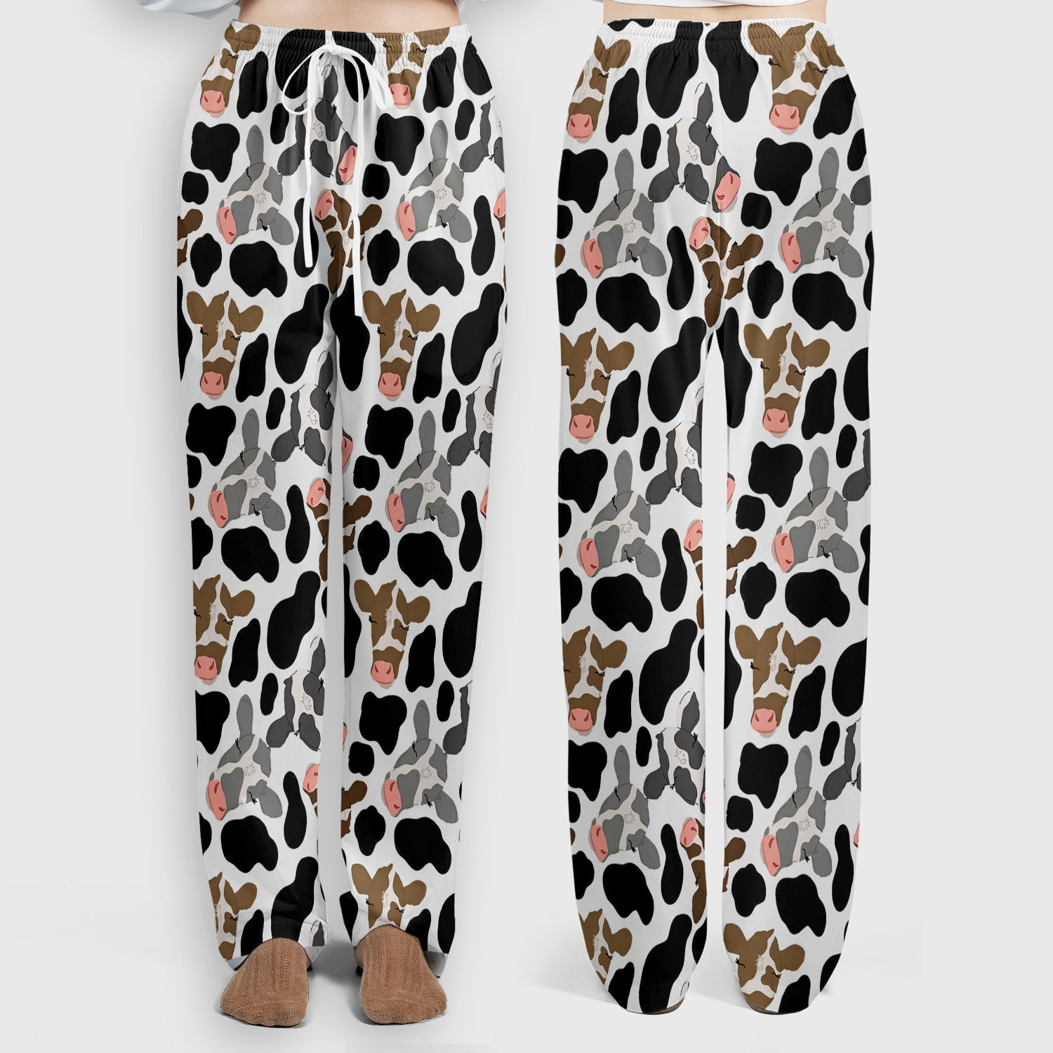 Cute Cow Face Black White Pattern Nurse Scrub Set, Scrub Pants and V Neck Top