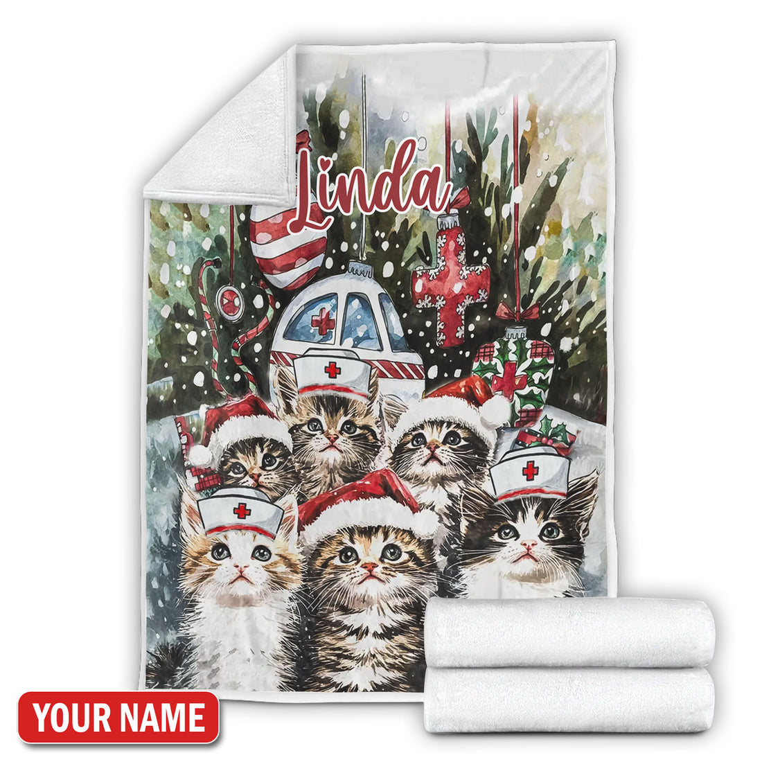 Custom Nurse Cat Blanket, Personalized Christmas Throw Blanket With Name, Cute Kitty Nurse Gift for RNs And Healthcare Workers