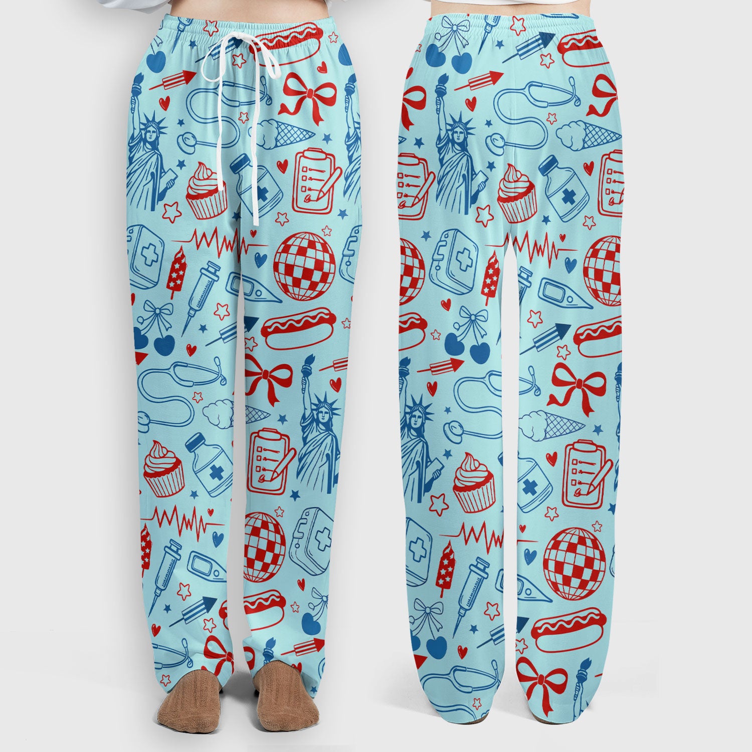 Patriotic Nurse Medical Icons Pattern Scrub Set, Scrub Pants and V Neck Top